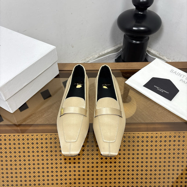 YSL 26S SQUARE-TOE LOAFERS IN BEIGE SATIN