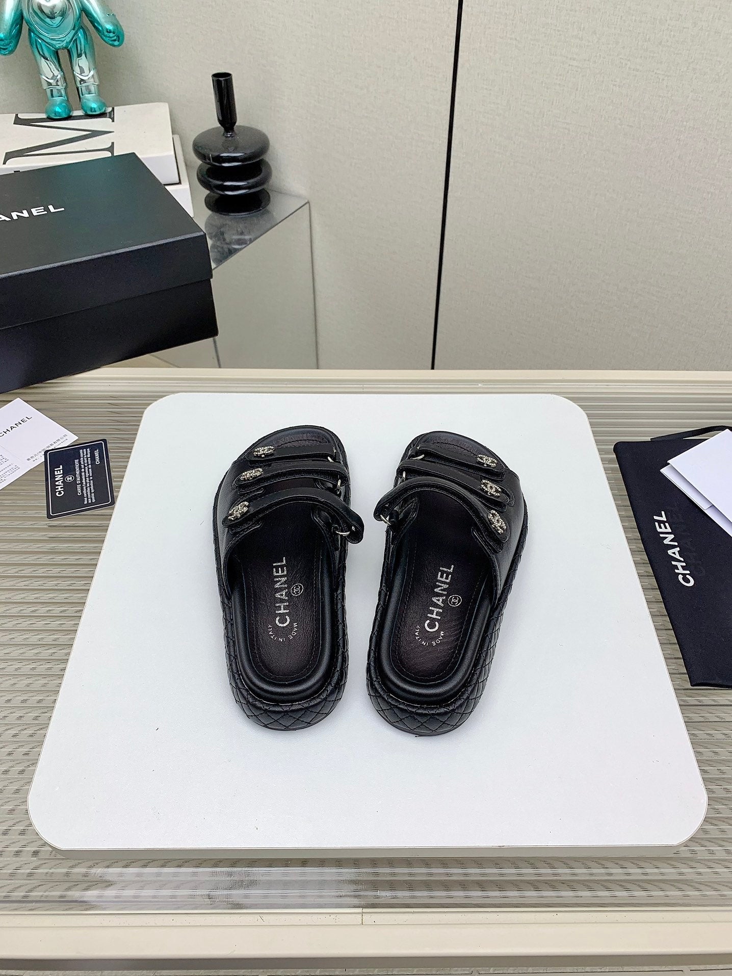 DAD SANDALS 3 STRAPS IN BLACK CALFSKIN