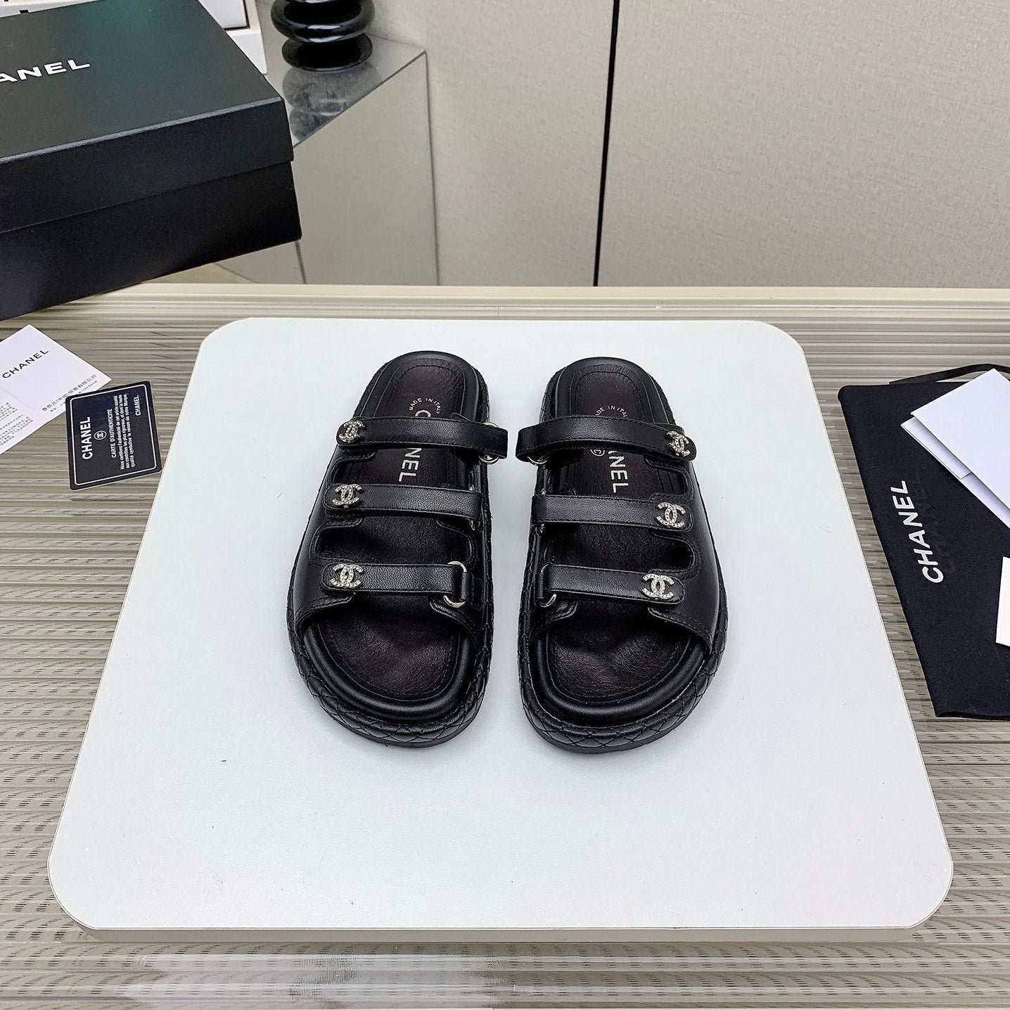 DAD SANDALS 3 STRAPS IN BLACK CALFSKIN