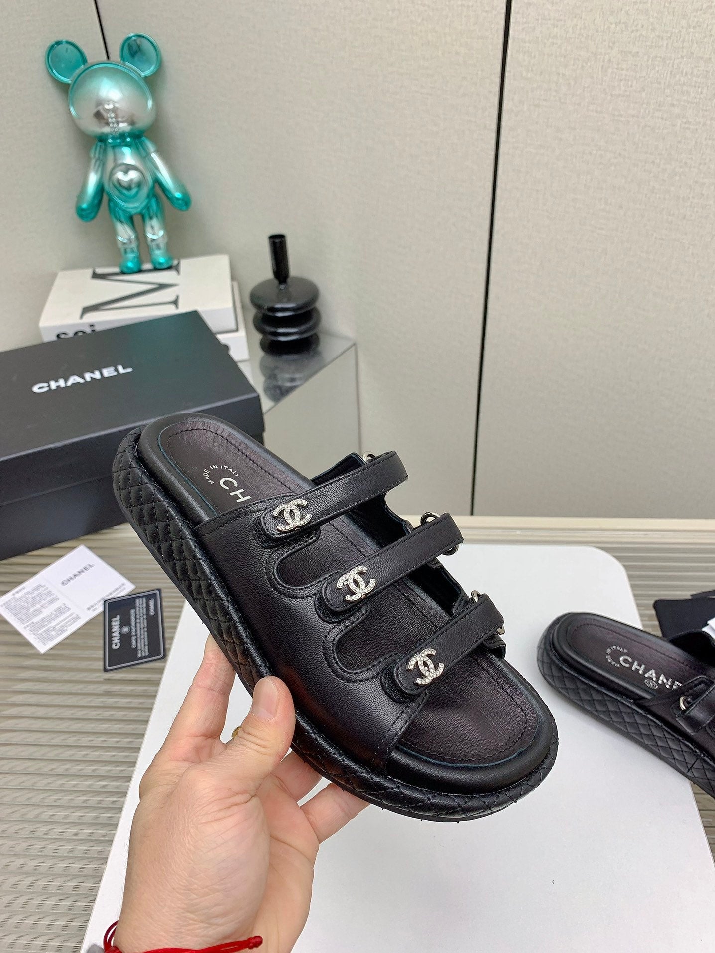 DAD SANDALS 3 STRAPS IN BLACK CALFSKIN