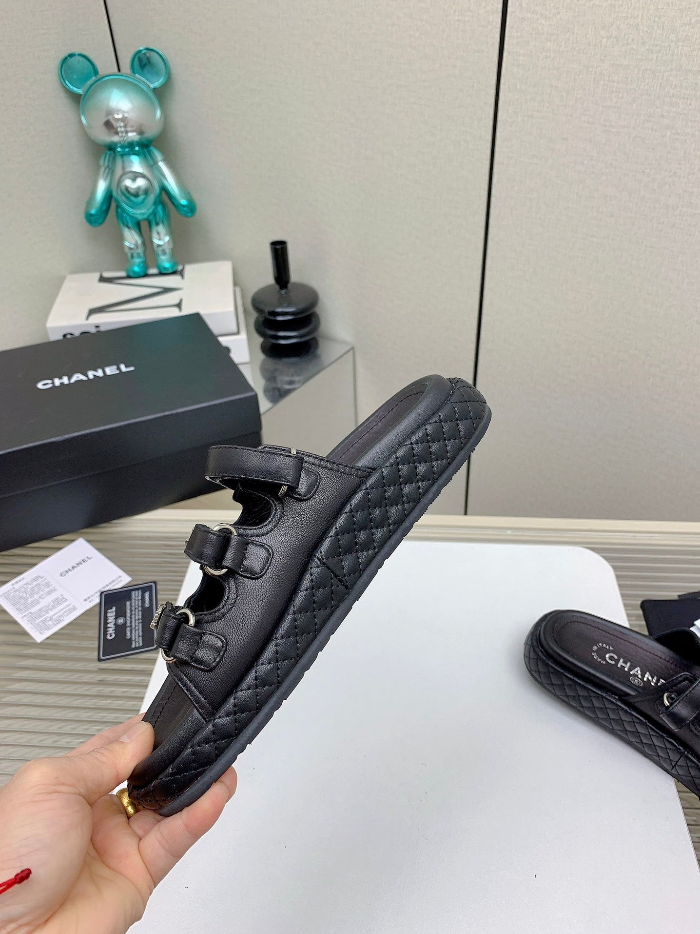 DAD SANDALS 3 STRAPS IN BLACK CALFSKIN