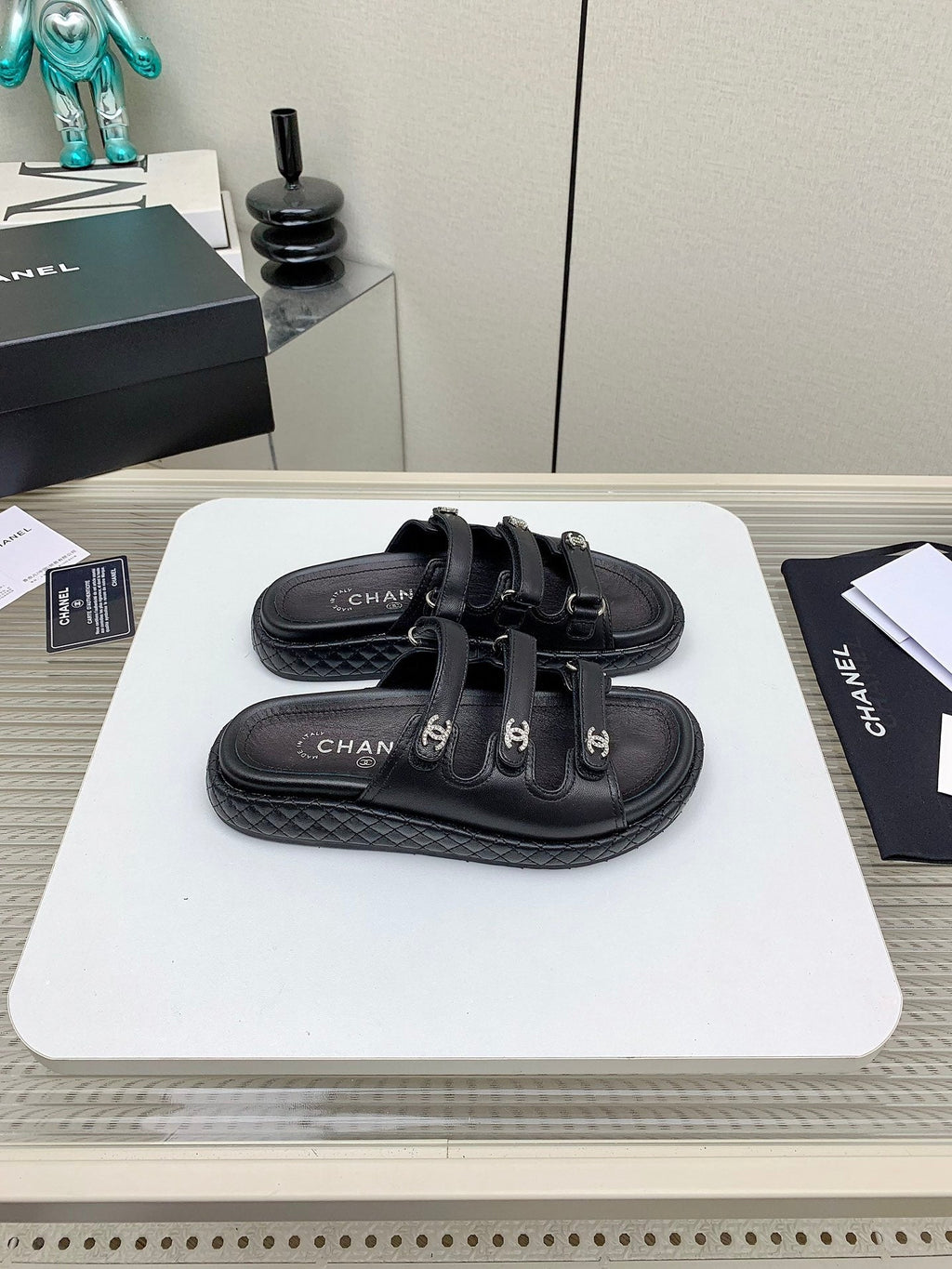 DAD SANDALS 3 STRAPS IN BLACK CALFSKIN