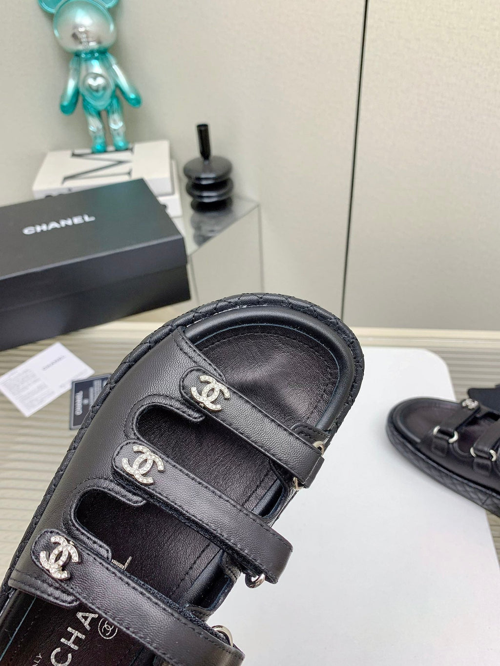 DAD SANDALS 3 STRAPS IN BLACK CALFSKIN