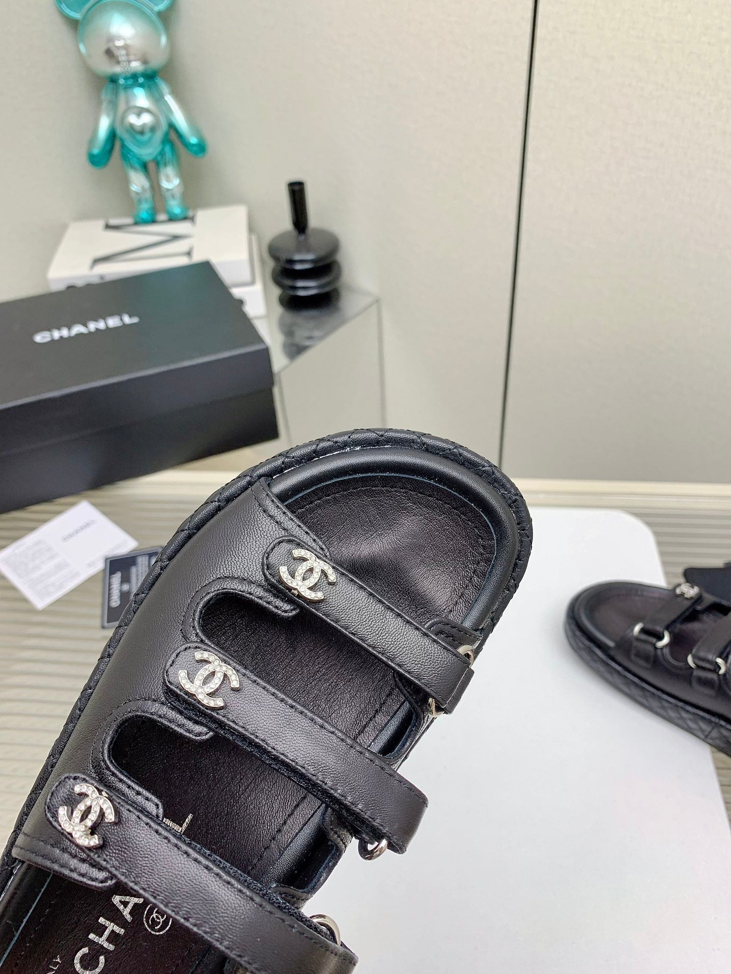 DAD SANDALS 3 STRAPS IN BLACK CALFSKIN