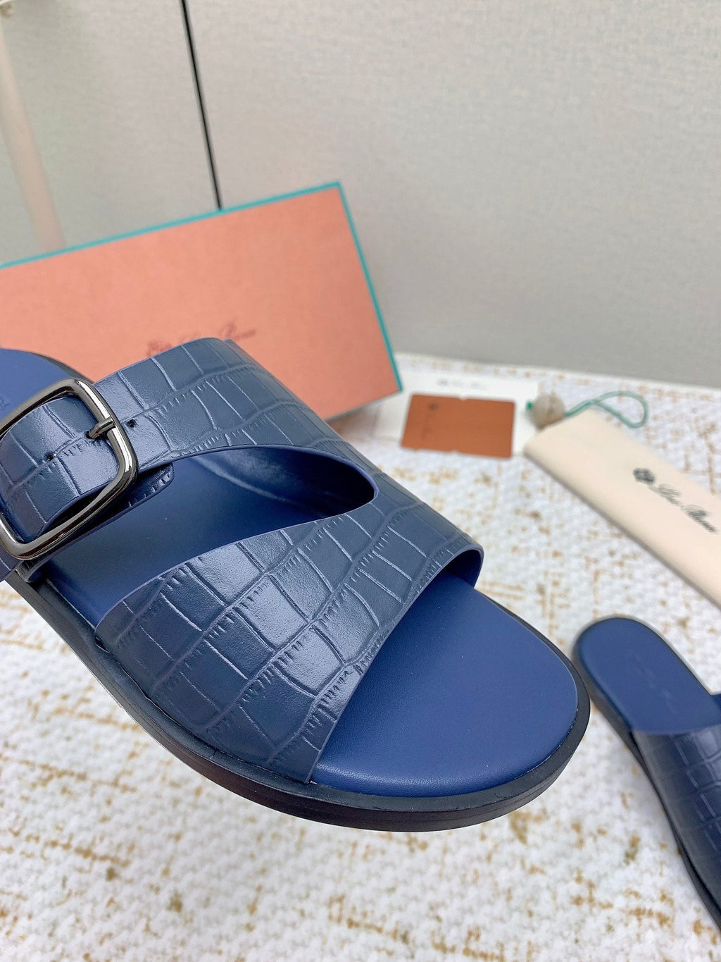 SANDALS IN CLASSIC BLUE SNAKE EMBOSSED CALFSKIN