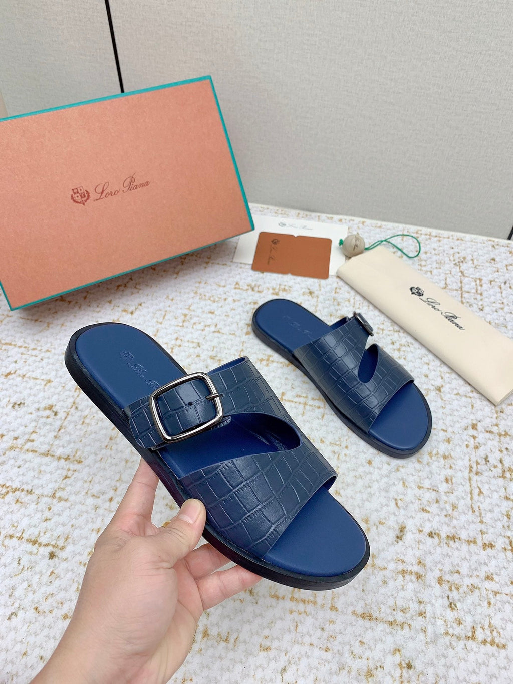 SANDALS IN CLASSIC BLUE SNAKE EMBOSSED CALFSKIN