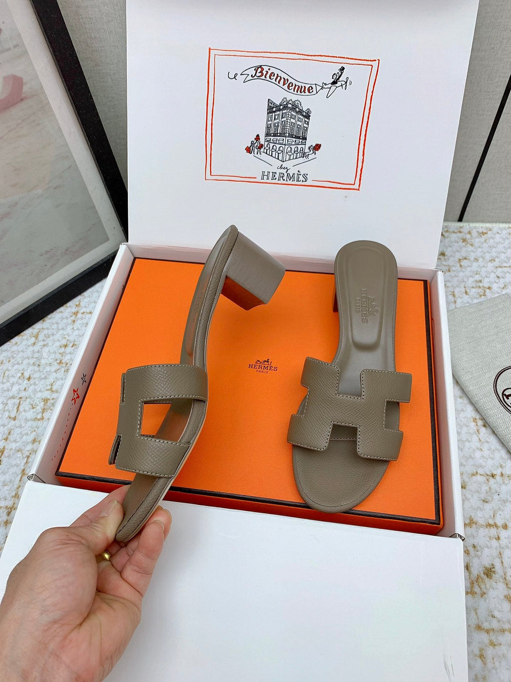 HM OASIS SANDAL HEEL 50MM IN TAUPE BROWN CALFSKIN