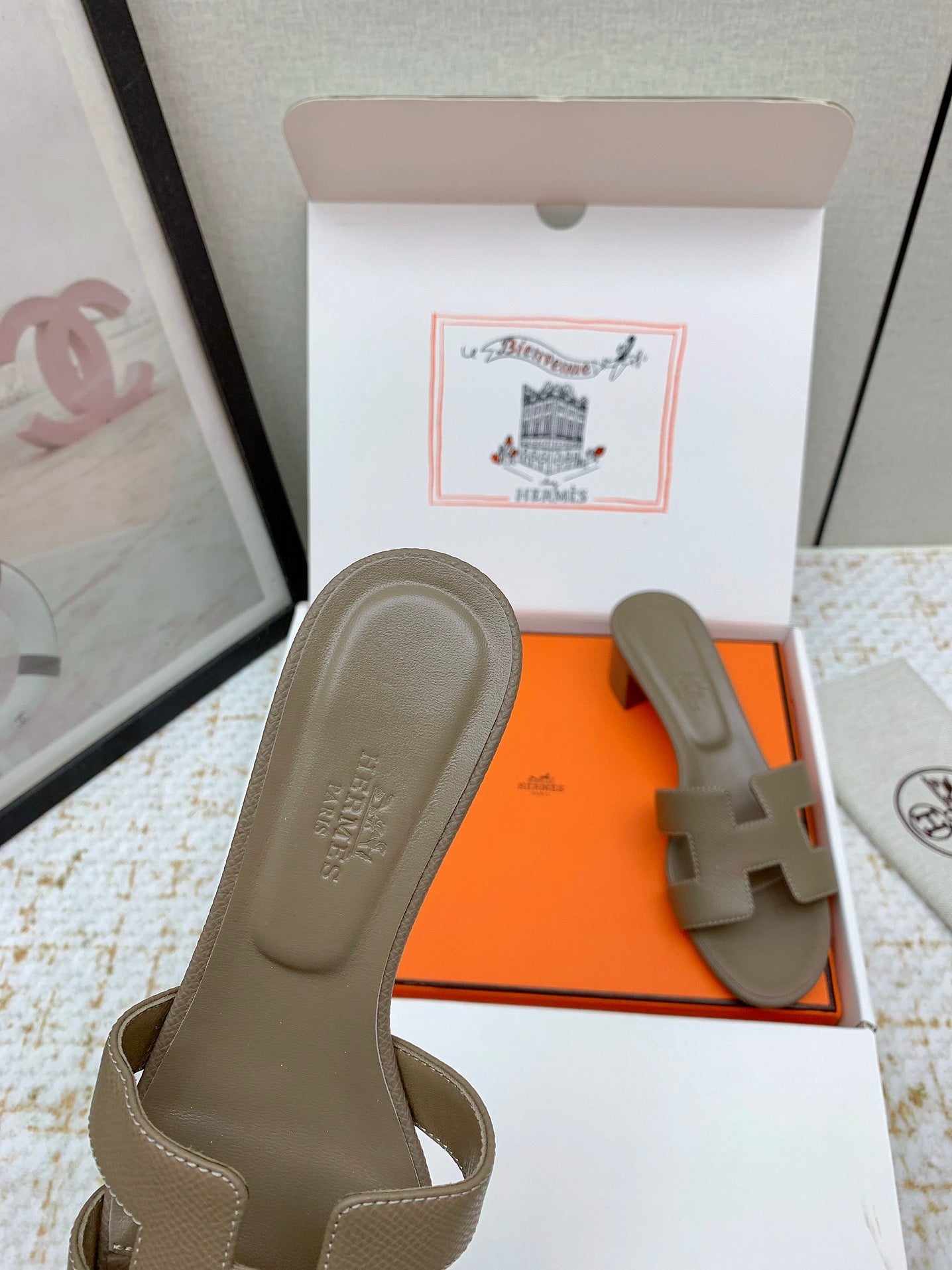 HM OASIS SANDAL HEEL 50MM IN TAUPE BROWN CALFSKIN