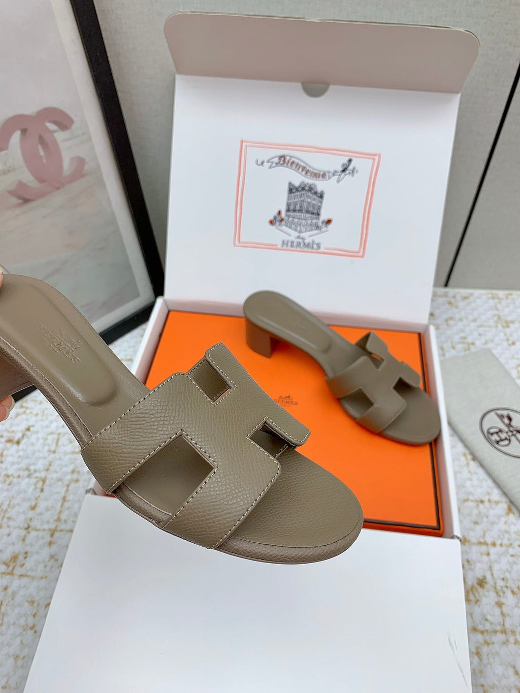 HM OASIS SANDAL HEEL 50MM IN TAUPE BROWN CALFSKIN
