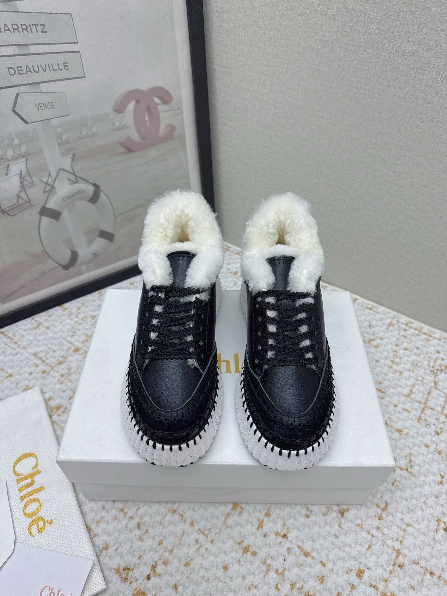 CHLOÉ 26S WEDGE SOLE SNEAKERS IN BLACK CALFSKIN