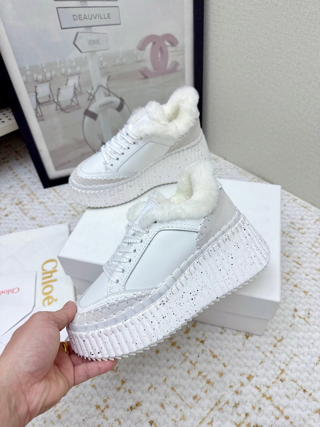 CHLOÉ 26S WEDGE SOLE SNEAKERS IN WHITE CALFSKIN