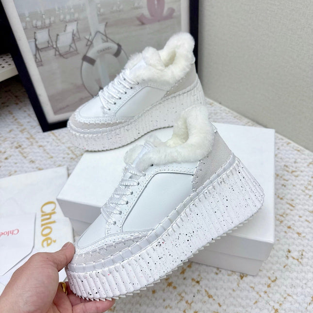CHLOÉ 26S WEDGE SOLE SNEAKERS IN WHITE CALFSKIN