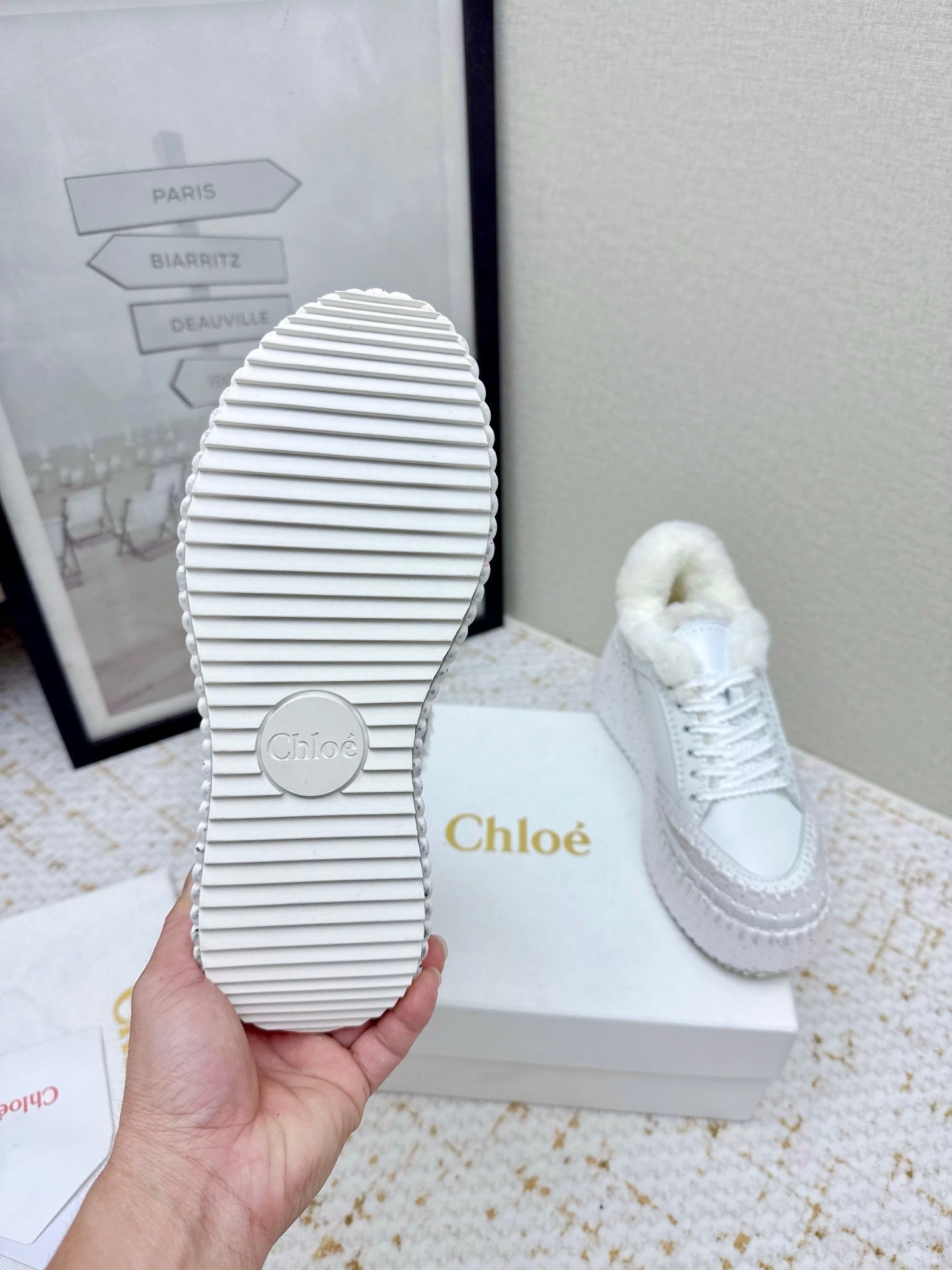 CHLOÉ 26S WEDGE SOLE SNEAKERS IN WHITE CALFSKIN