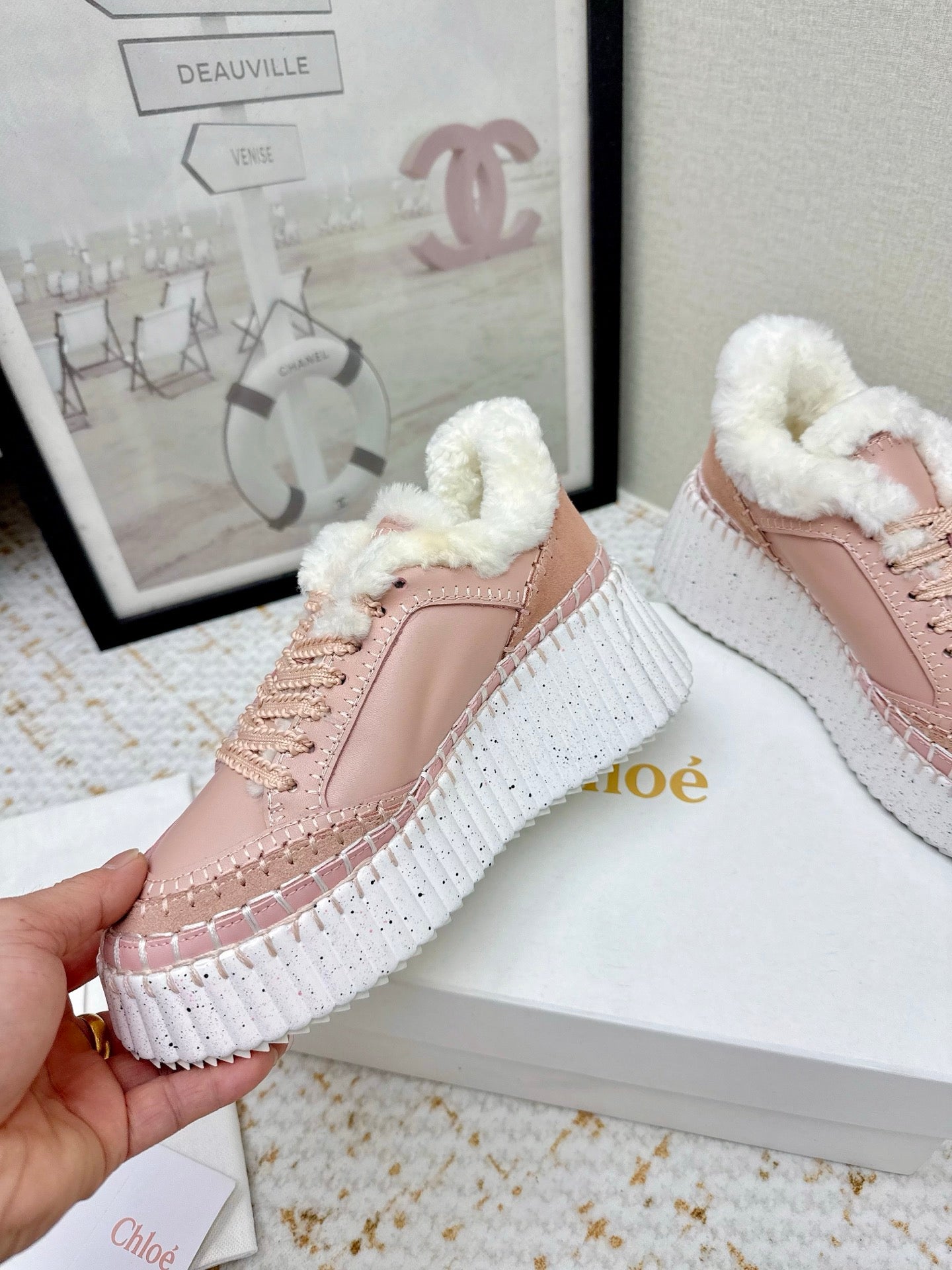 CHLOÉ 26S WEDGE SOLE SNEAKERS IN LIGHT PINK CALFSKIN