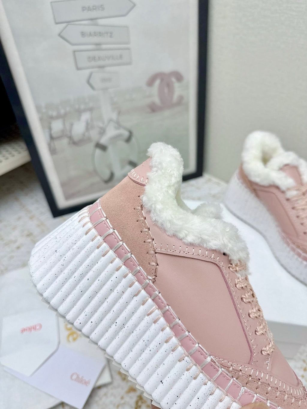 CHLOÉ 26S WEDGE SOLE SNEAKERS IN LIGHT PINK CALFSKIN