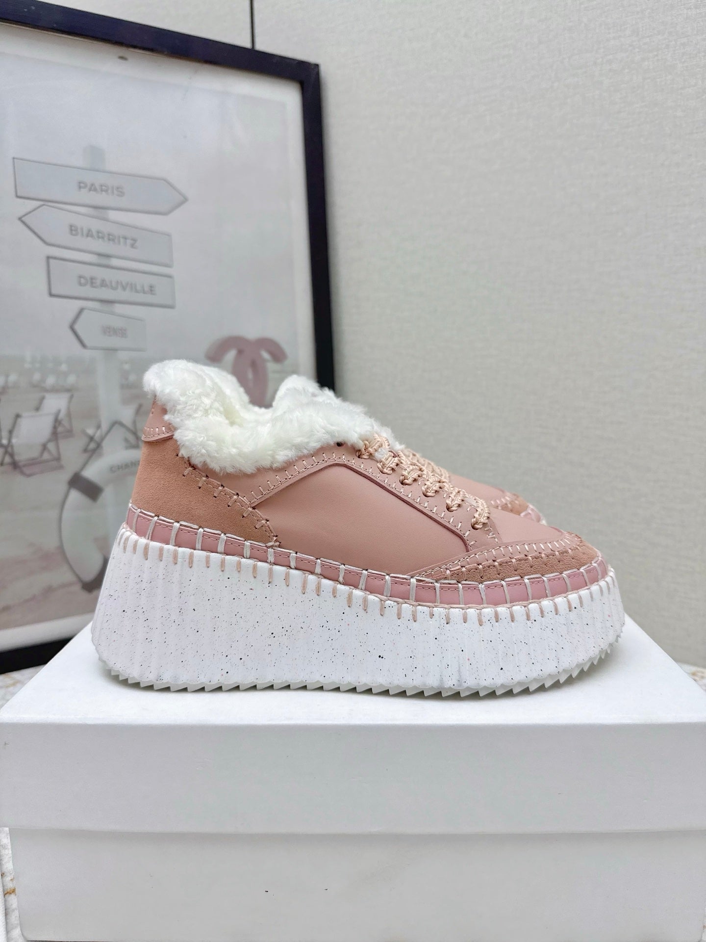 CHLOÉ 26S WEDGE SOLE SNEAKERS IN LIGHT PINK CALFSKIN