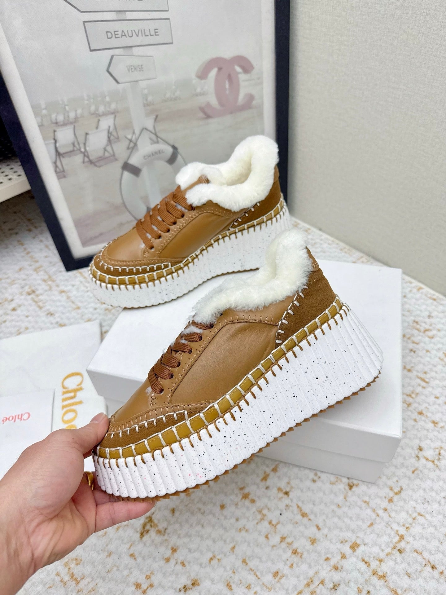 CHLOÉ 26S WEDGE SOLE SNEAKERS IN BROWN CALFSKIN
