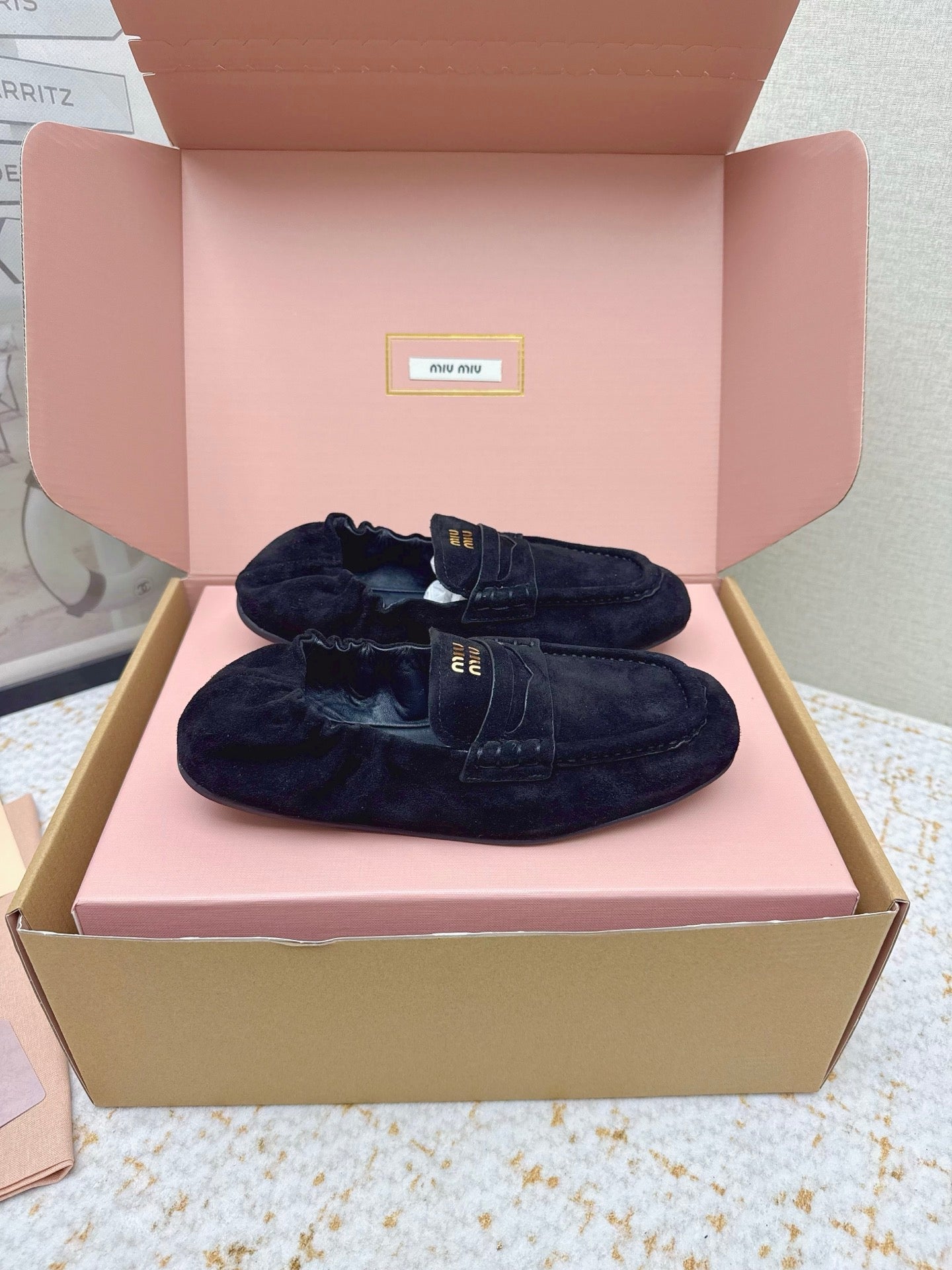 MIUMIU 25S NAPPA LOAFERS IN BLACK SUEDE