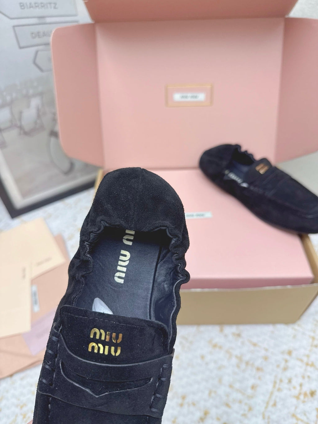 MIUMIU 25S NAPPA LOAFERS IN BLACK SUEDE