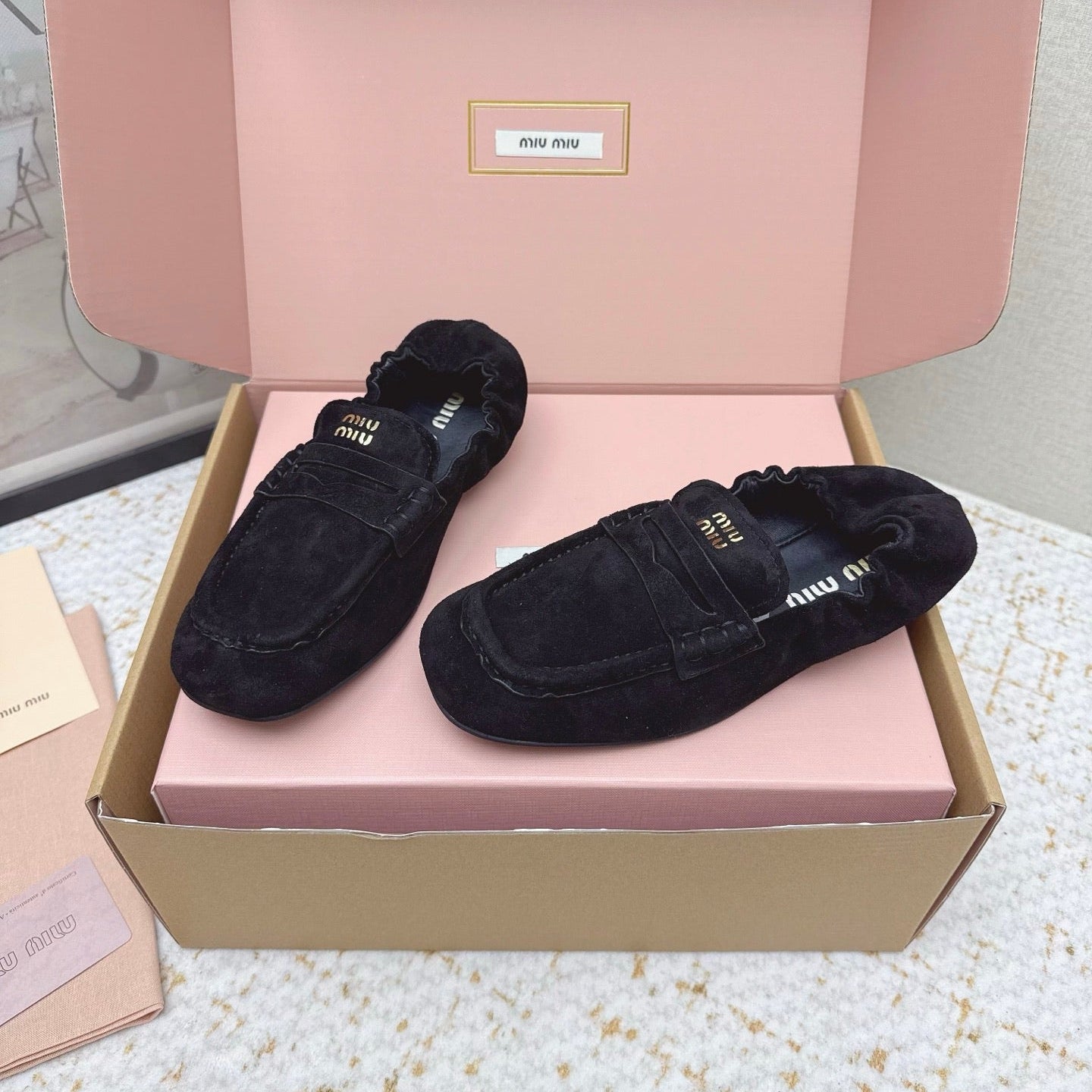 MIUMIU 25S NAPPA LOAFERS IN BLACK SUEDE