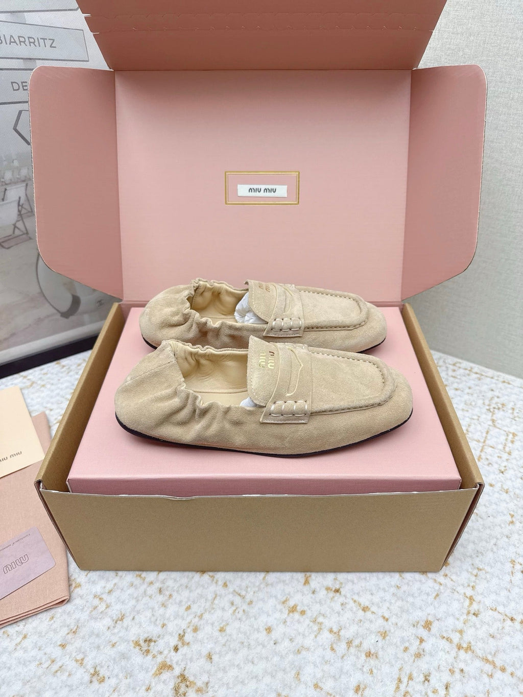 MIUMIU 25S NAPPA LOAFERS IN BEIGE SUEDE