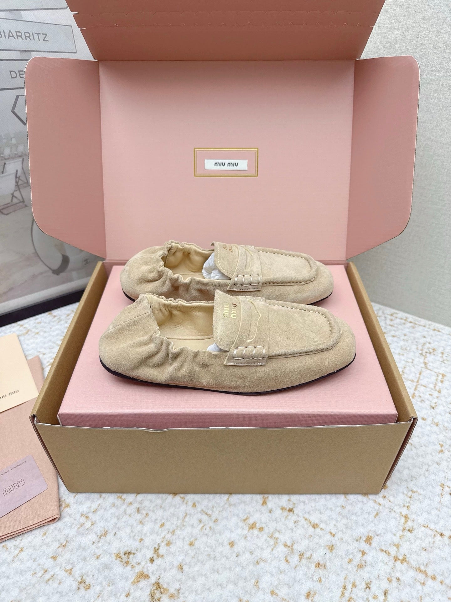 MIUMIU 25S NAPPA LOAFERS IN BEIGE SUEDE