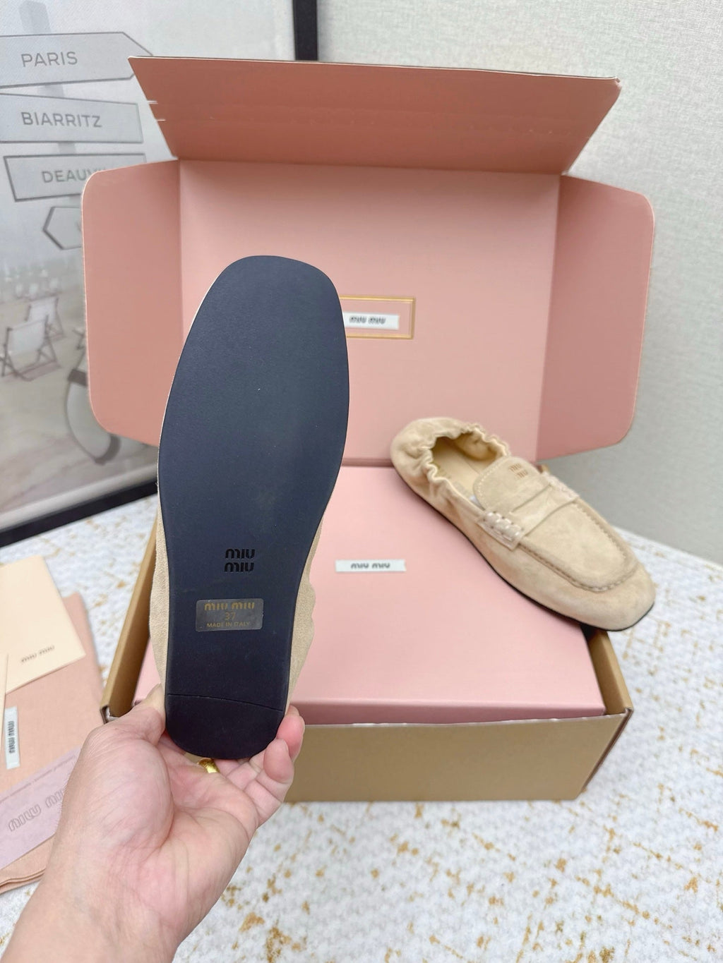 MIUMIU 25S NAPPA LOAFERS IN BEIGE SUEDE