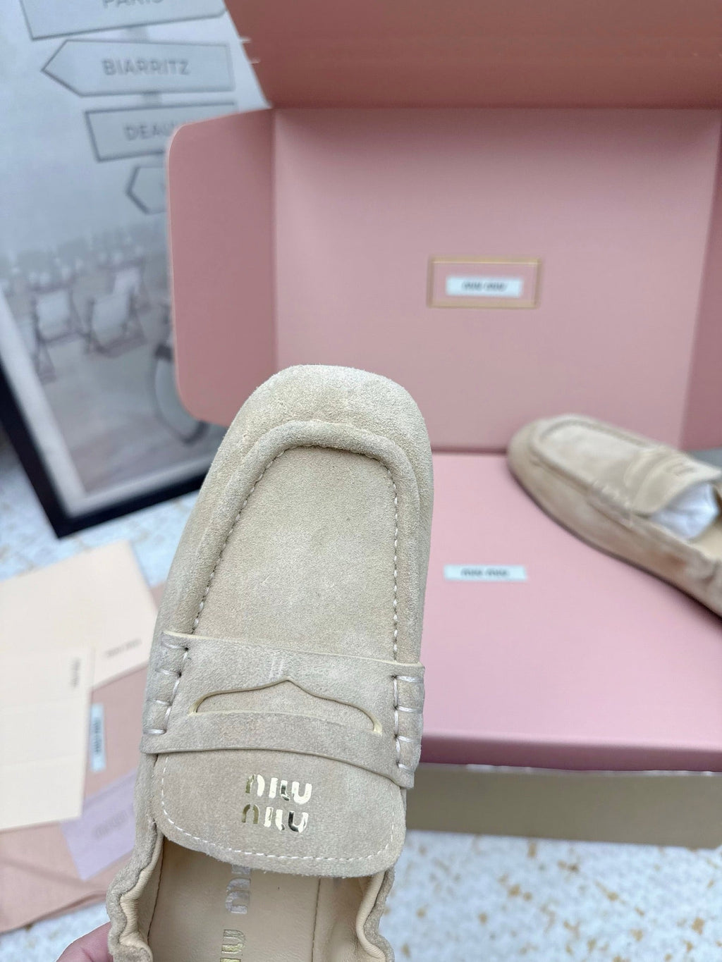 MIUMIU 25S NAPPA LOAFERS IN BEIGE SUEDE