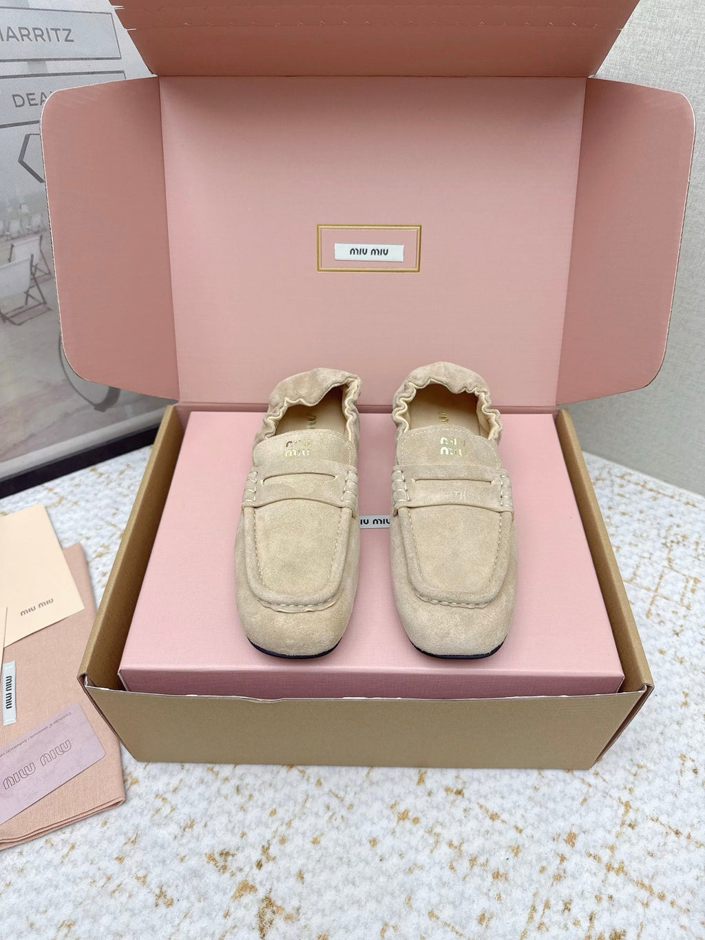 MIUMIU 25S NAPPA LOAFERS IN BEIGE SUEDE