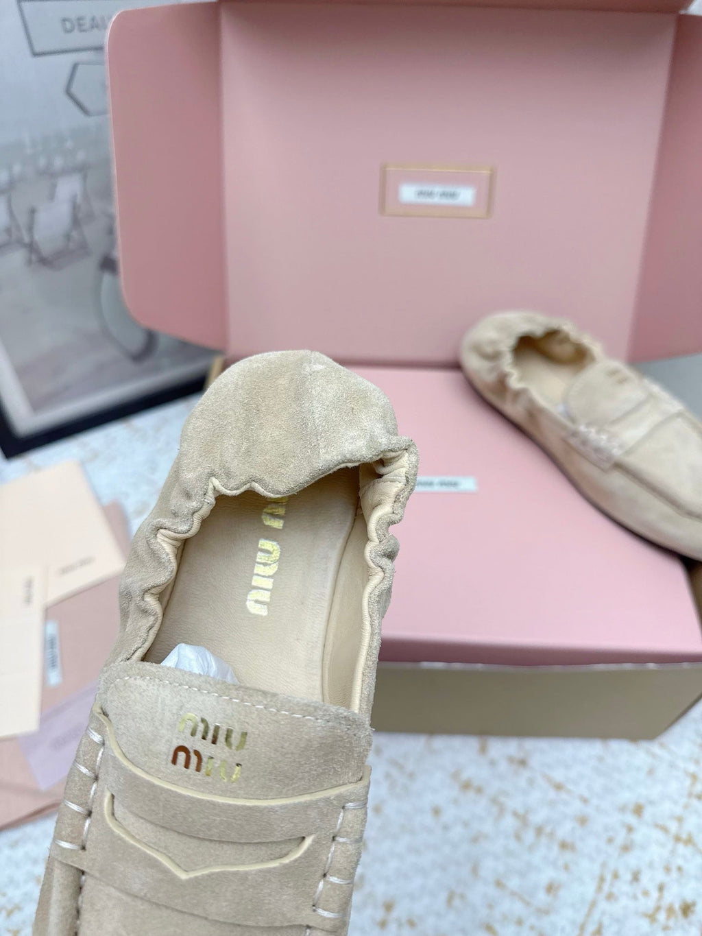 MIUMIU 25S NAPPA LOAFERS IN BEIGE SUEDE