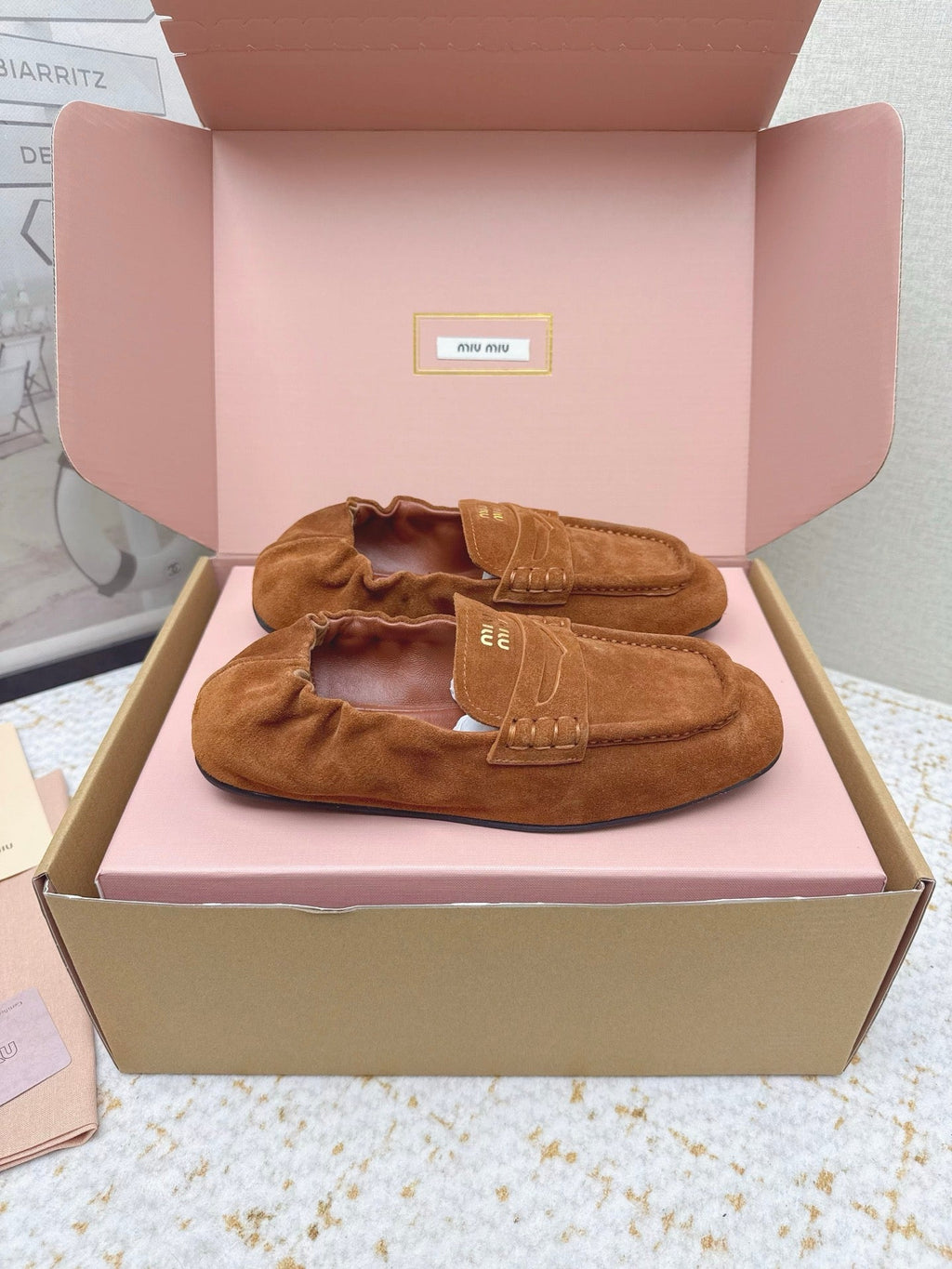 MIUMIU 25S NAPPA LOAFERS IN CARAMEL BROWN SUEDE