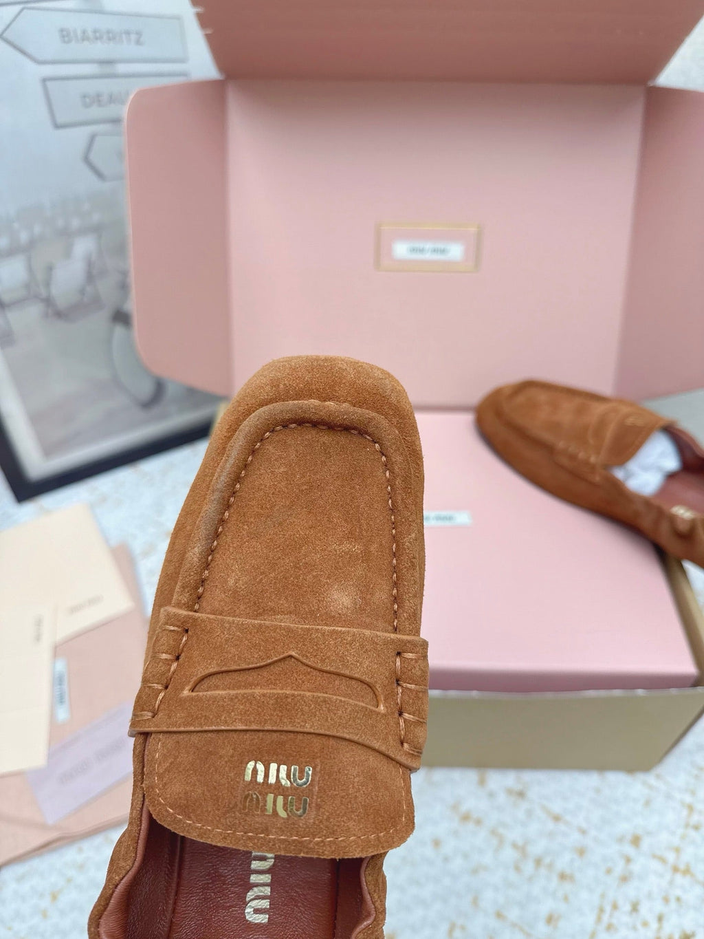 MIUMIU 25S NAPPA LOAFERS IN CARAMEL BROWN SUEDE