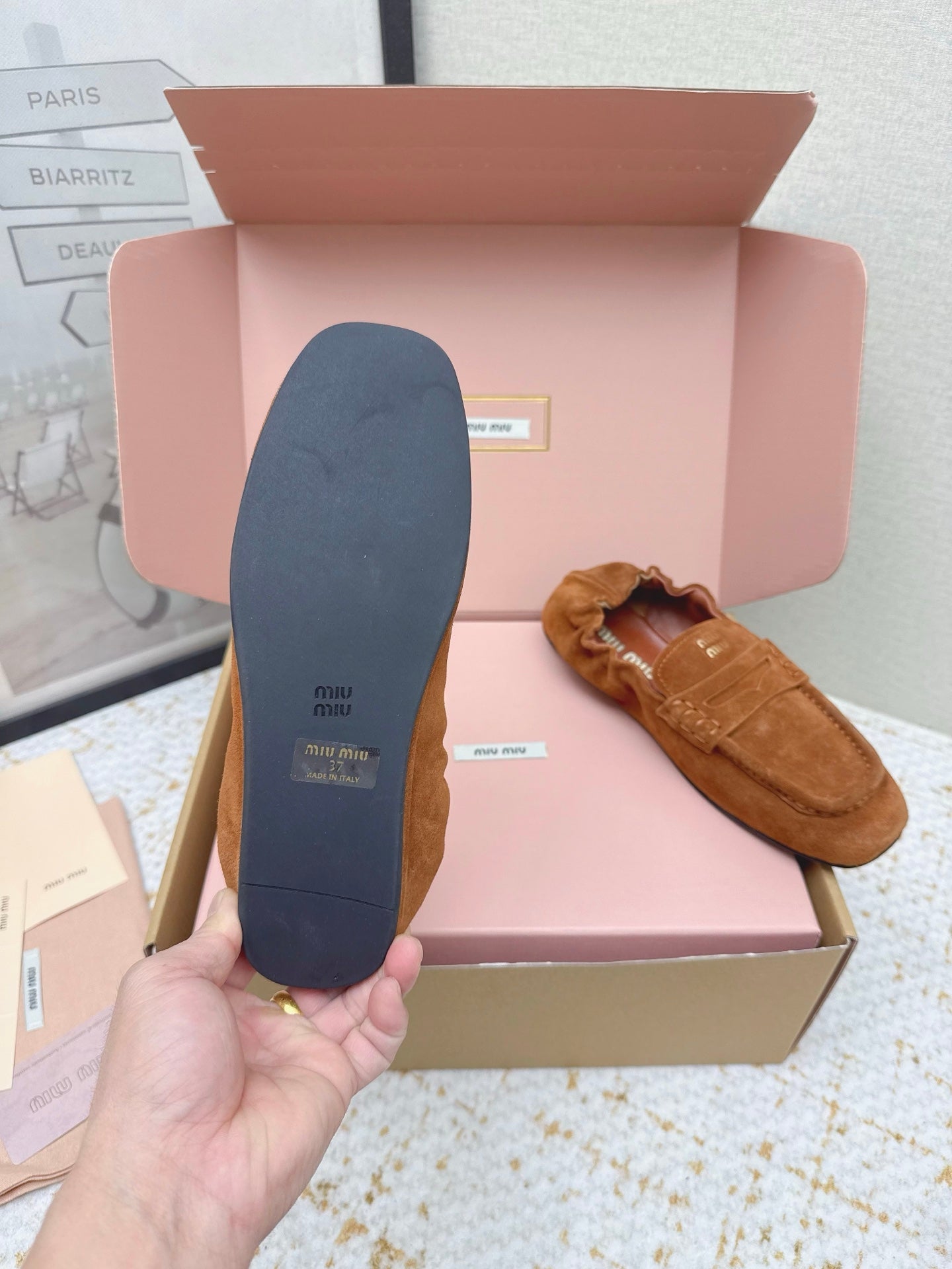 MIUMIU 25S NAPPA LOAFERS IN CARAMEL BROWN SUEDE
