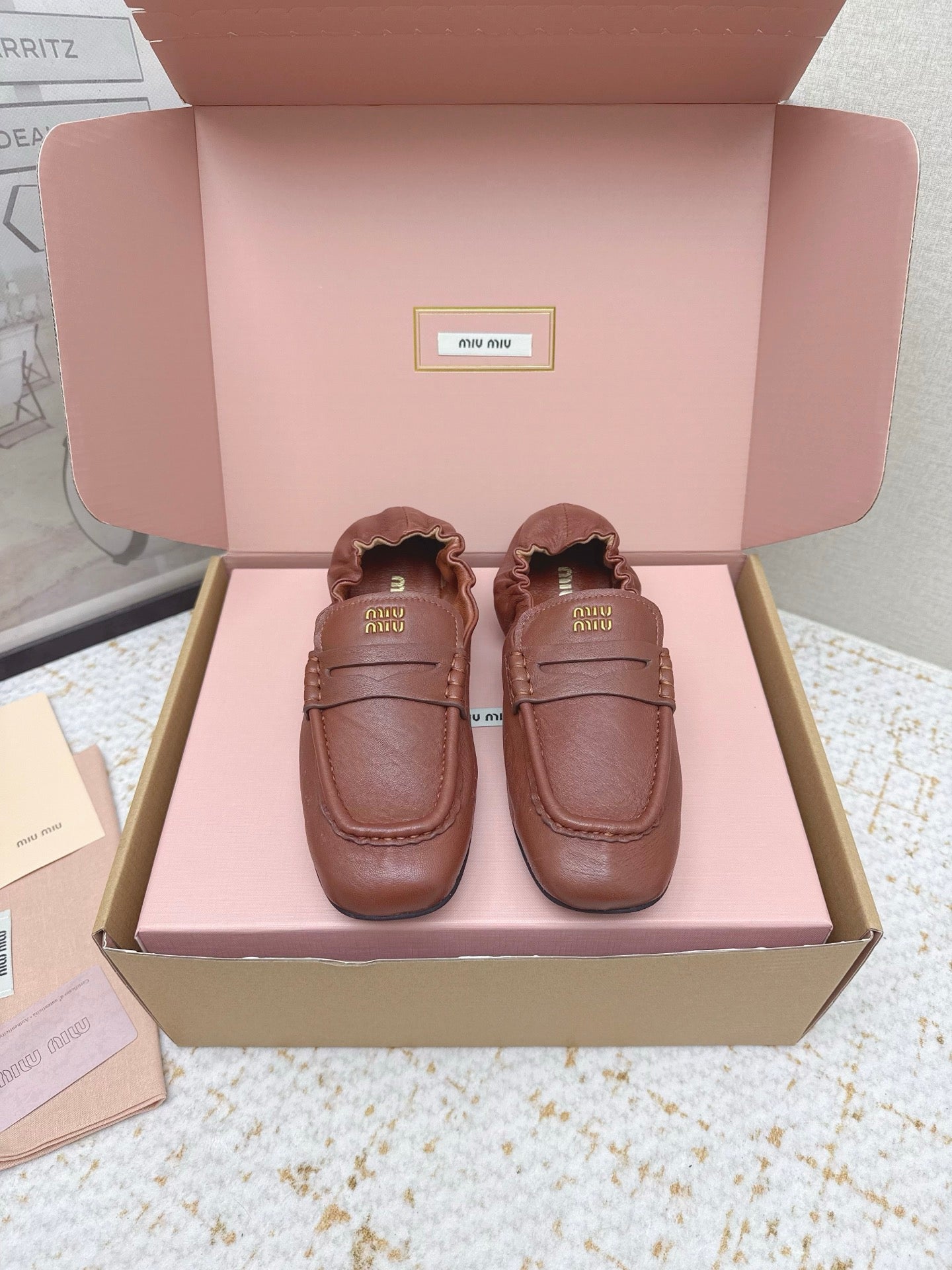 MIUMIU 25S NAPPA LOAFERS IN RUSTY BROWN LAMBSKIN