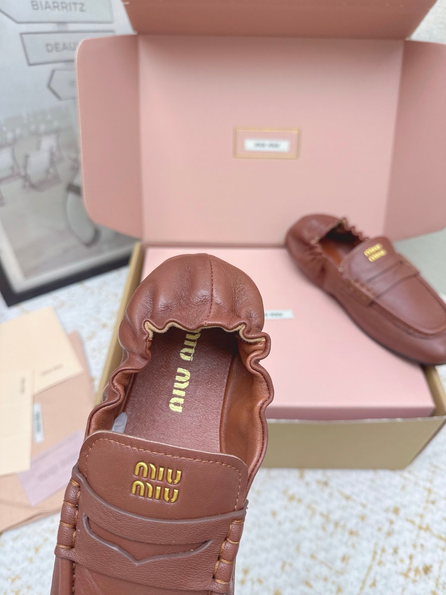 MIUMIU 25S NAPPA LOAFERS IN RUSTY BROWN LAMBSKIN