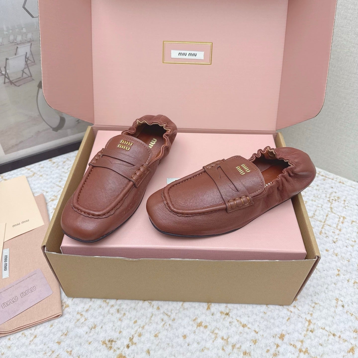 MIUMIU 25S NAPPA LOAFERS IN RUSTY BROWN LAMBSKIN