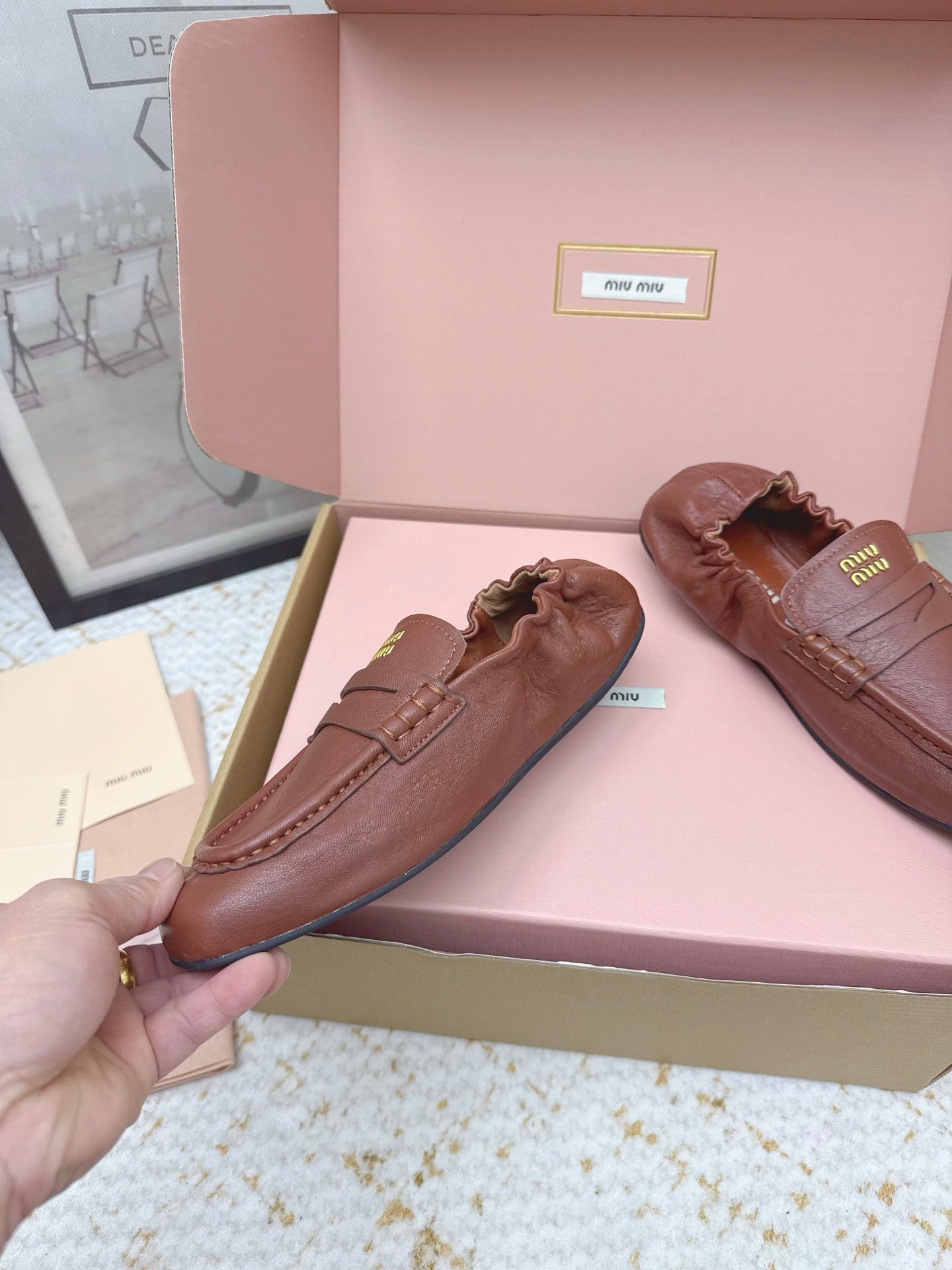 MIUMIU 25S NAPPA LOAFERS IN RUSTY BROWN LAMBSKIN