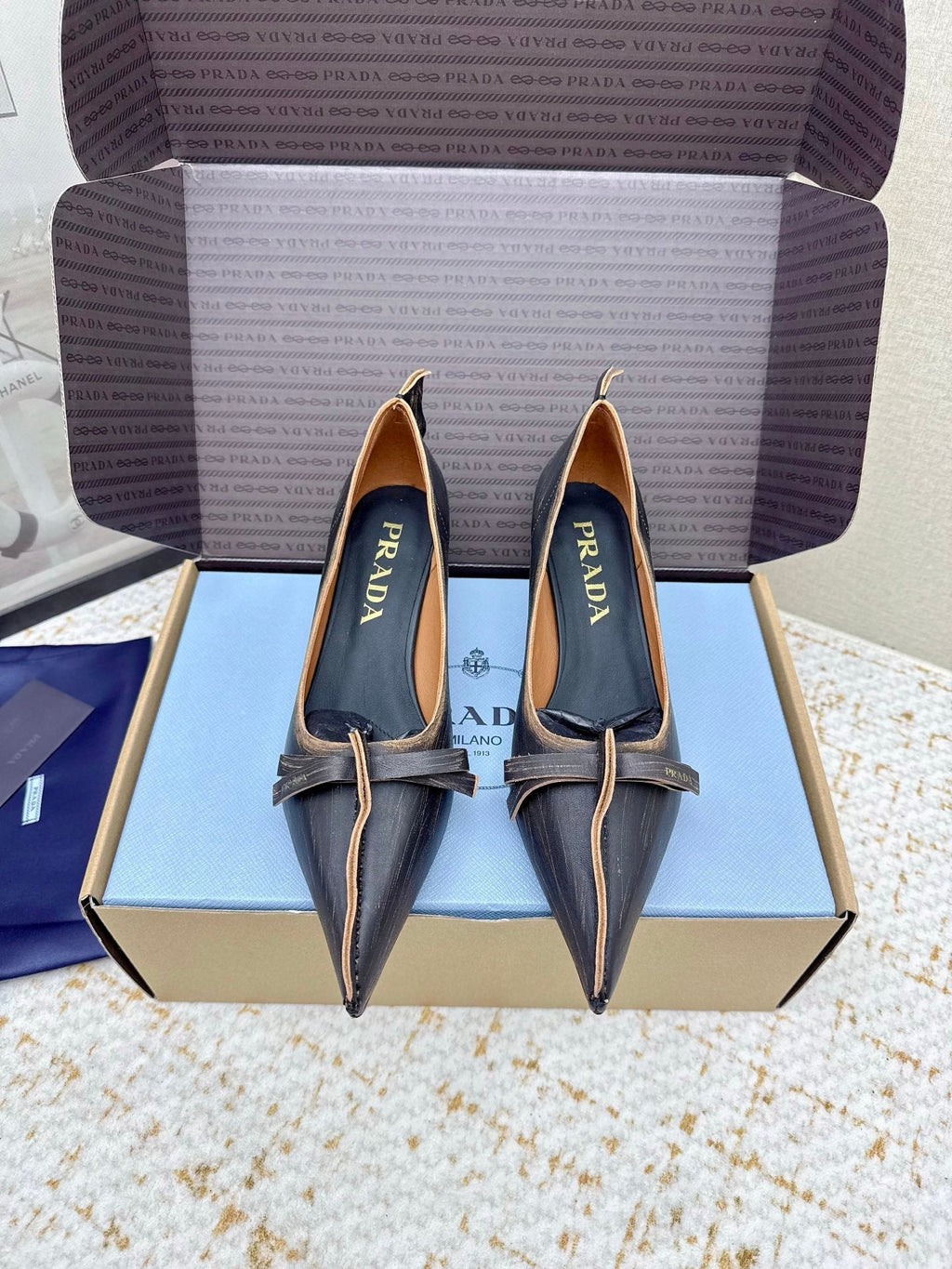 PRADA 26S ANTIQUED LEATHER PUMPS 55MM IN BLACK CALFSKIN