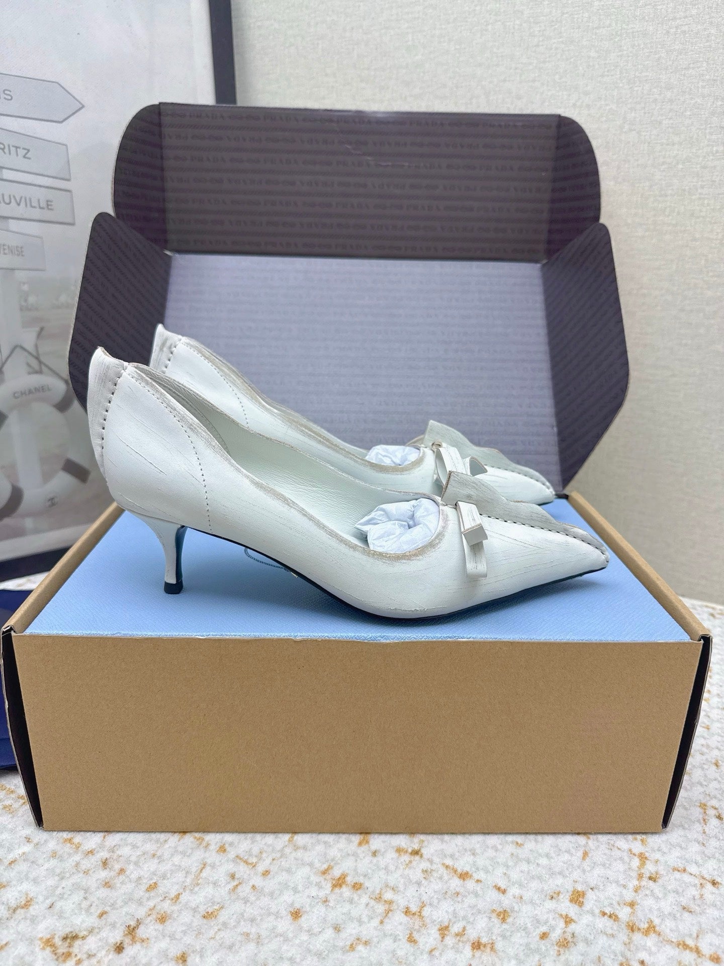 PRADA 26S ANTIQUED LEATHER PUMPS 55MM IN CREAM WHITE CALFSKIN