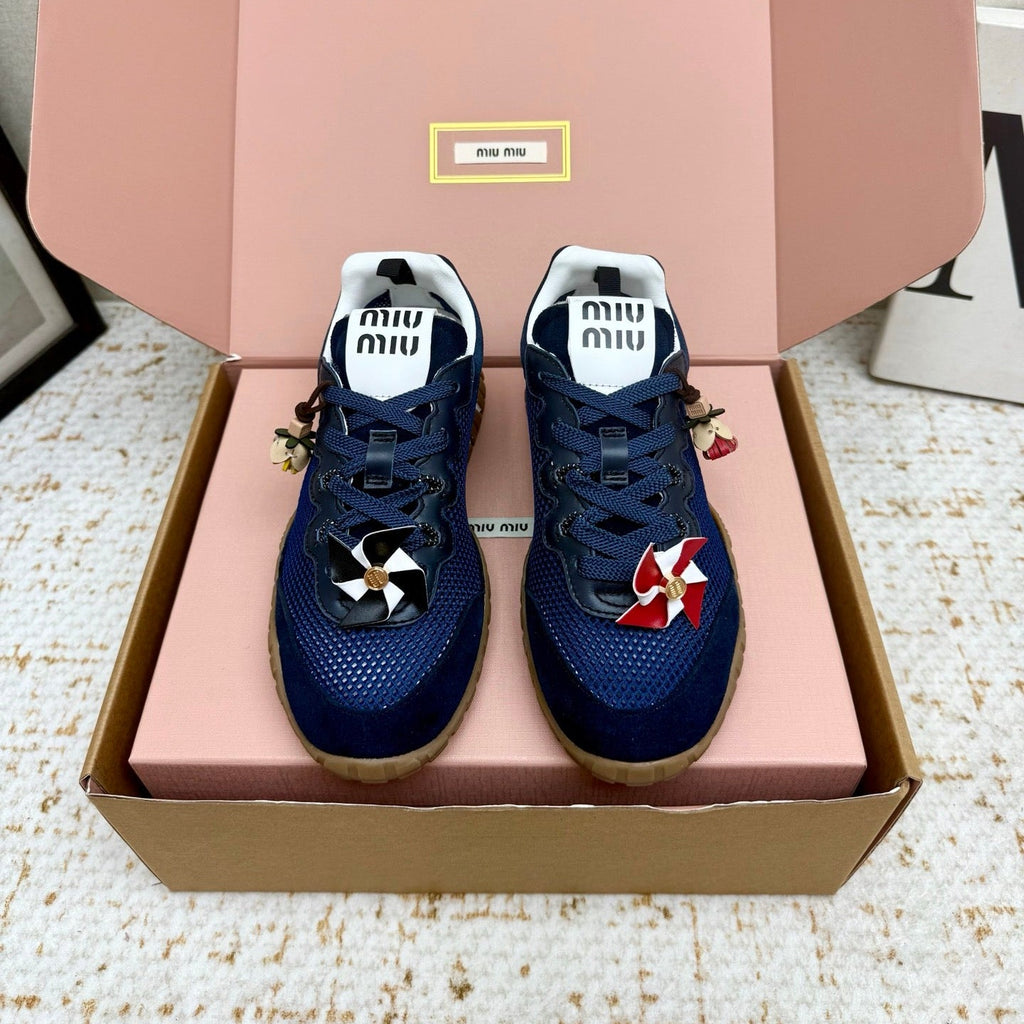 MIUMIU 26S CHARM SNEAKERS IN NAVY BLUE MESH AND SUEDE
