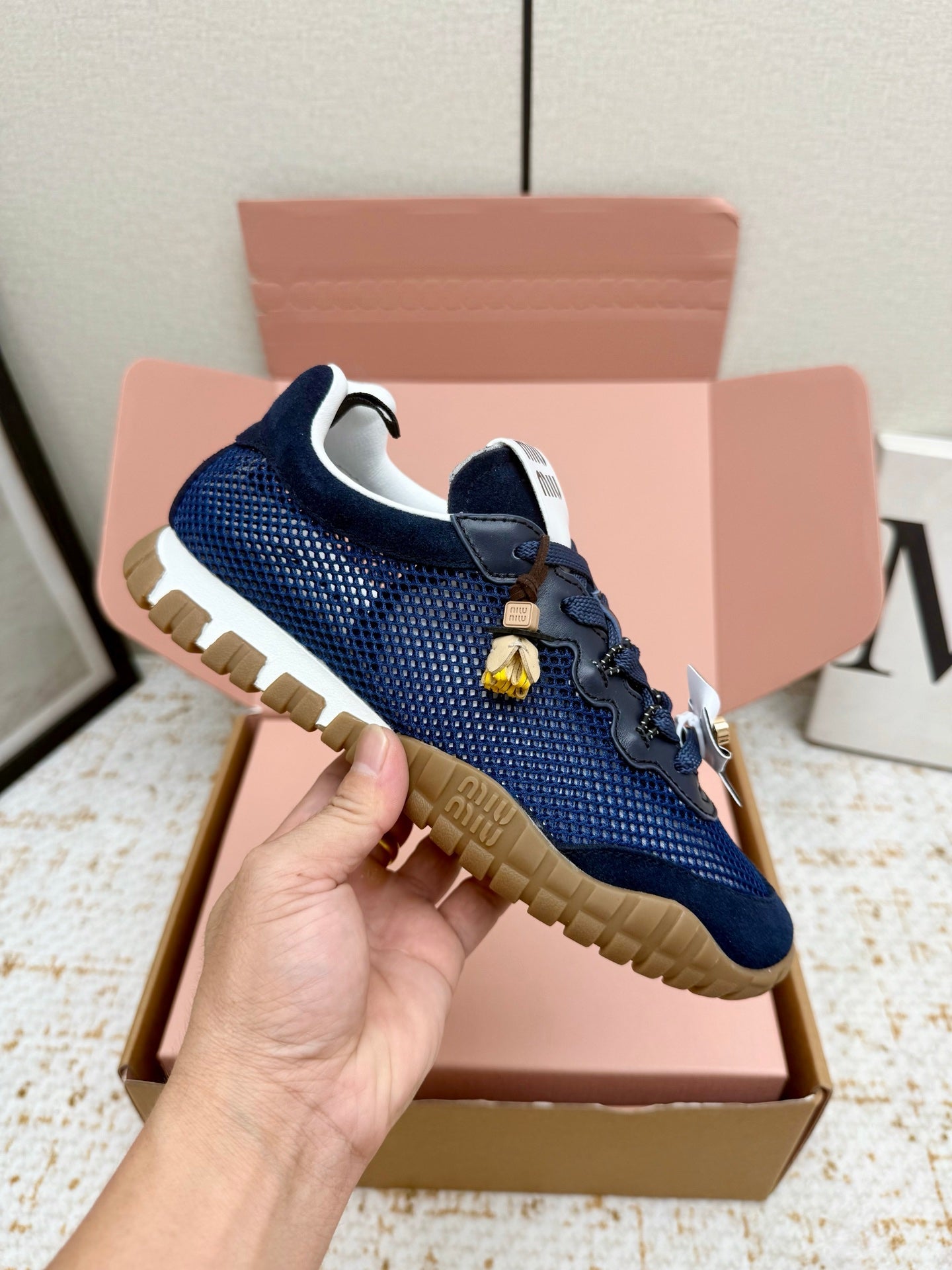 MIUMIU 26S CHARM SNEAKERS IN NAVY BLUE MESH AND SUEDE