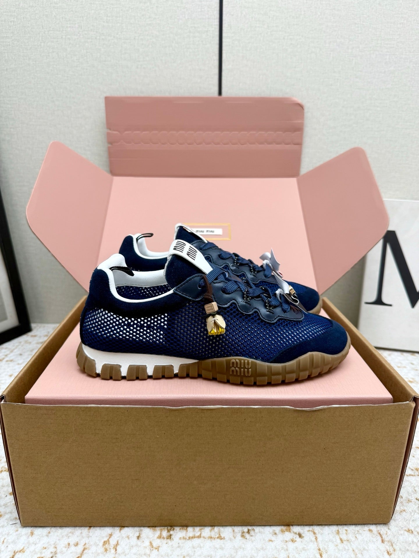 MIUMIU 26S CHARM SNEAKERS IN NAVY BLUE MESH AND SUEDE