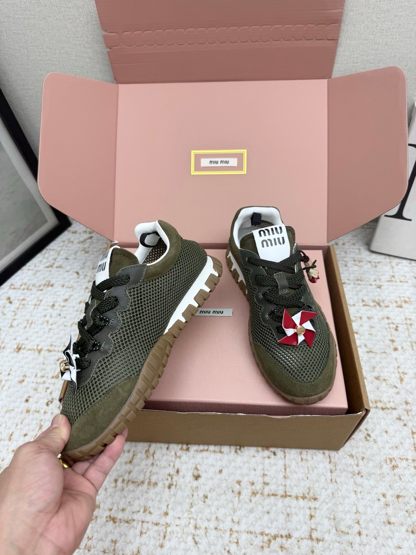 MIUMIU 26S CHARM SNEAKERS IN OLIVE GREEN MESH AND SUEDE