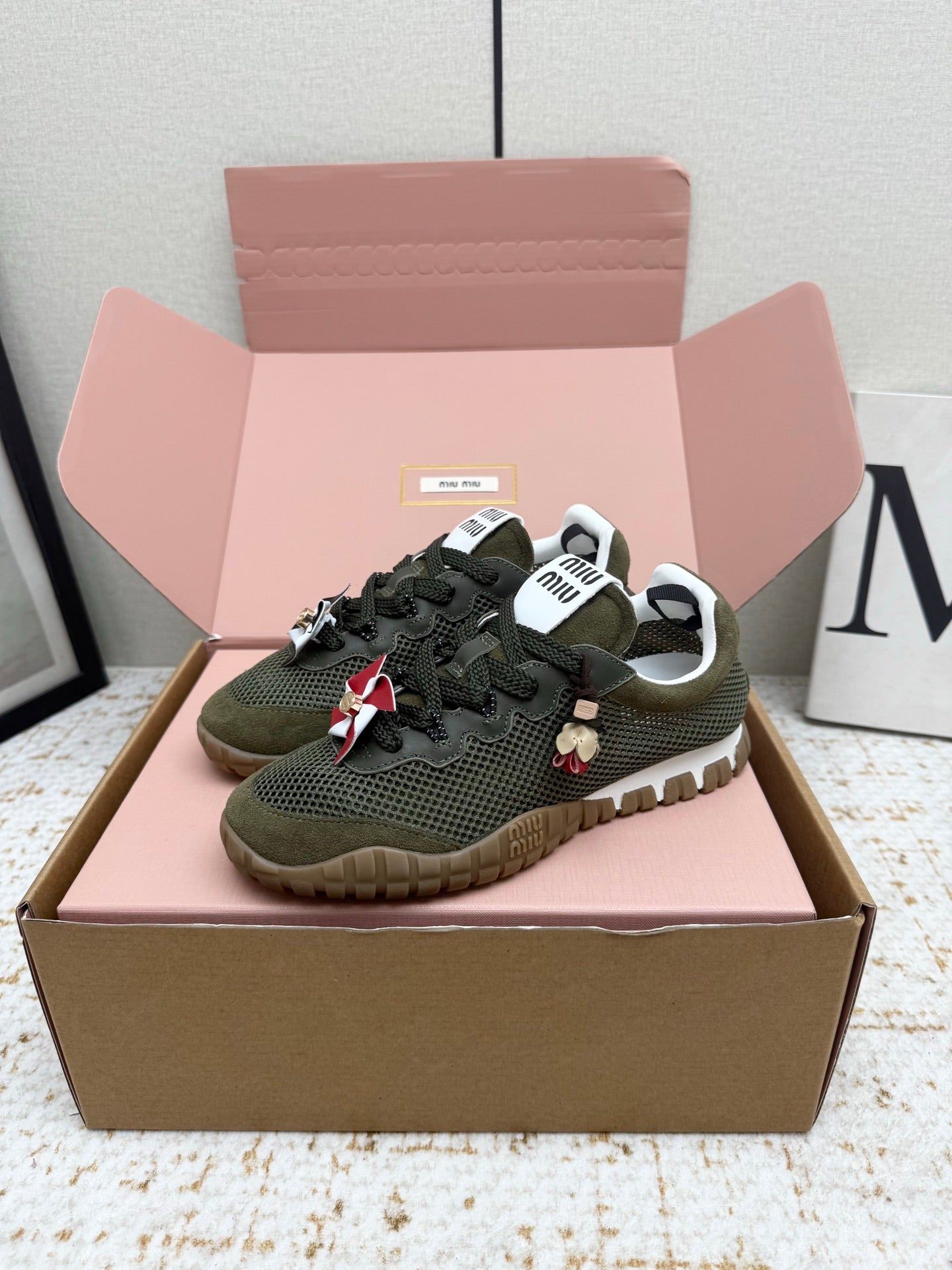 MIUMIU 26S CHARM SNEAKERS IN OLIVE GREEN MESH AND SUEDE