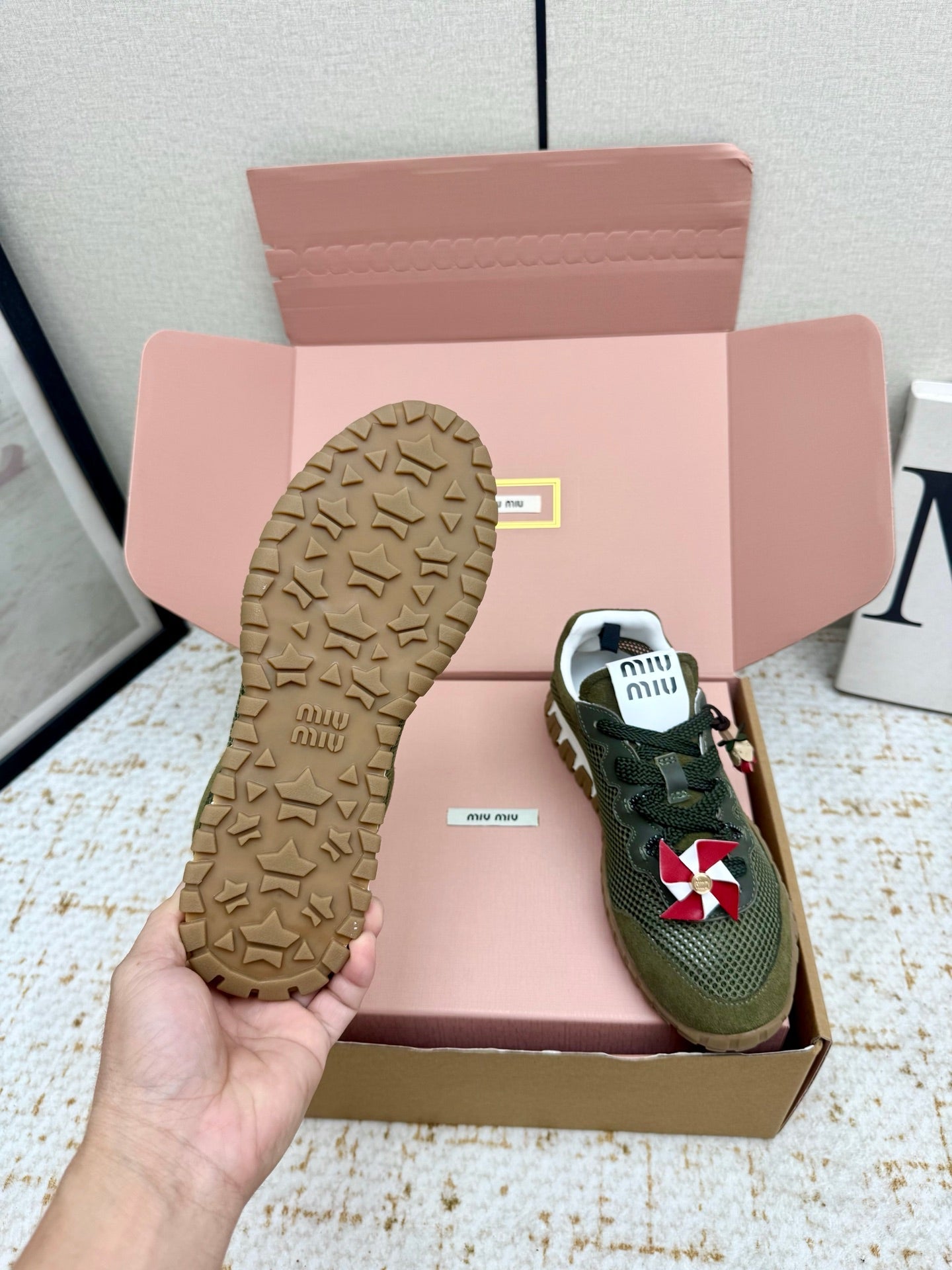 MIUMIU 26S CHARM SNEAKERS IN OLIVE GREEN MESH AND SUEDE