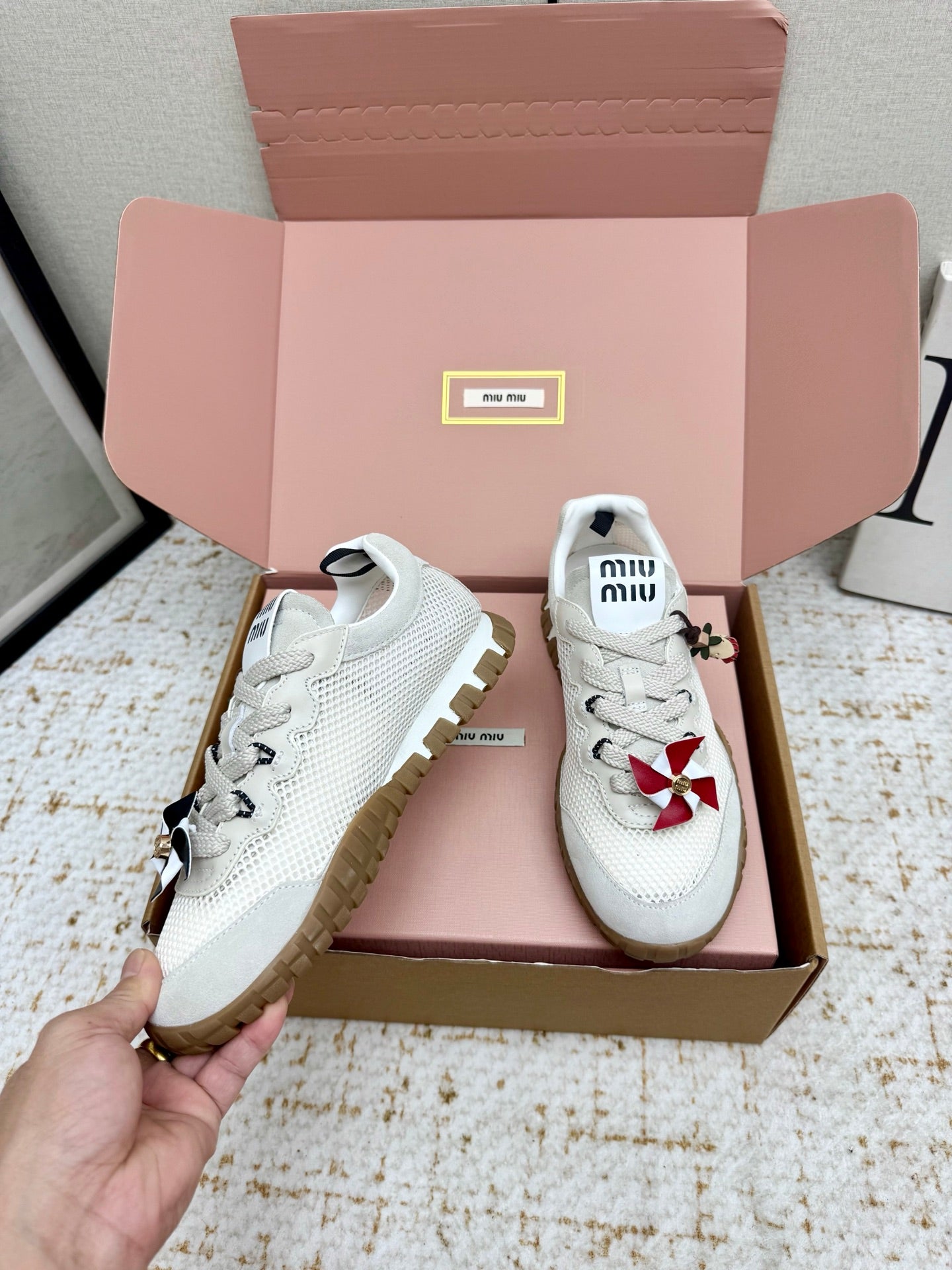 MIUMIU 26S CHARM SNEAKERS IN WHITE MESH AND SUEDE