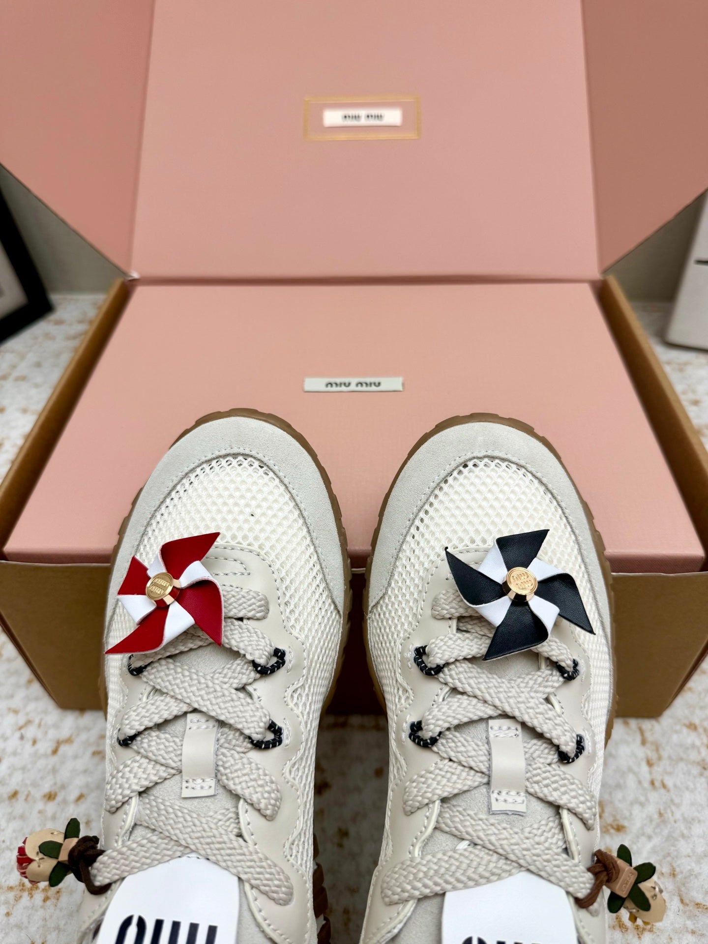 MIUMIU 26S CHARM SNEAKERS IN WHITE MESH AND SUEDE