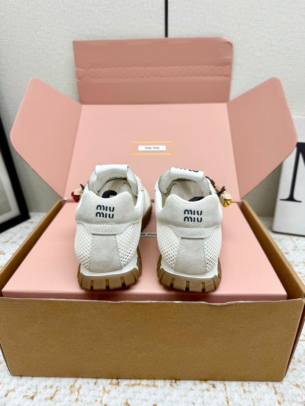 MIUMIU 26S CHARM SNEAKERS IN WHITE MESH AND SUEDE