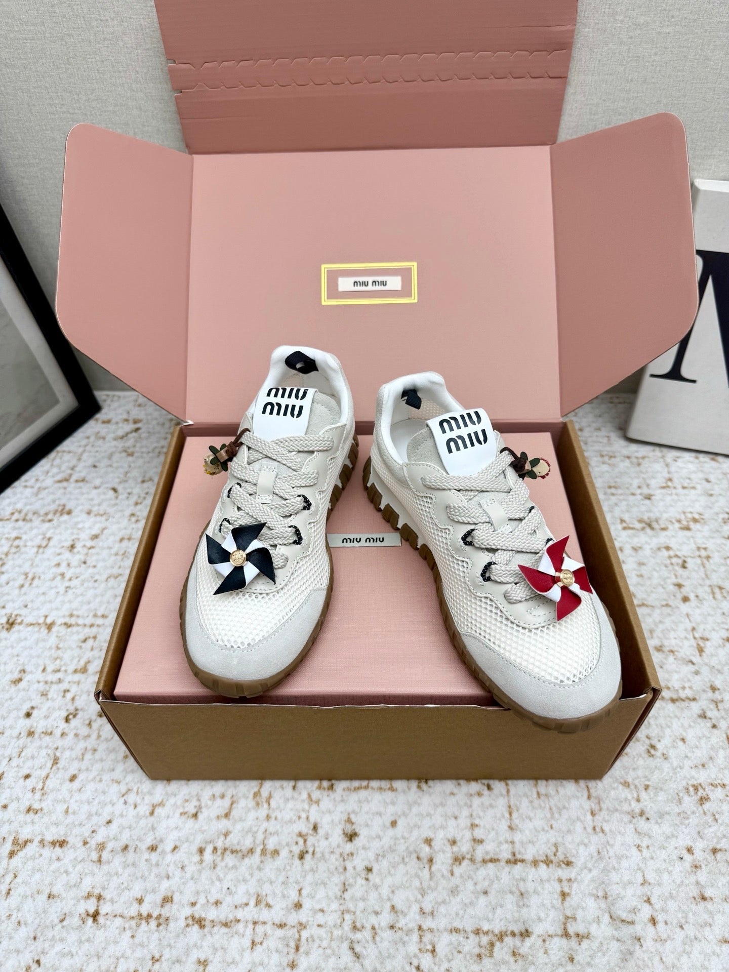 MIUMIU 26S CHARM SNEAKERS IN WHITE MESH AND SUEDE