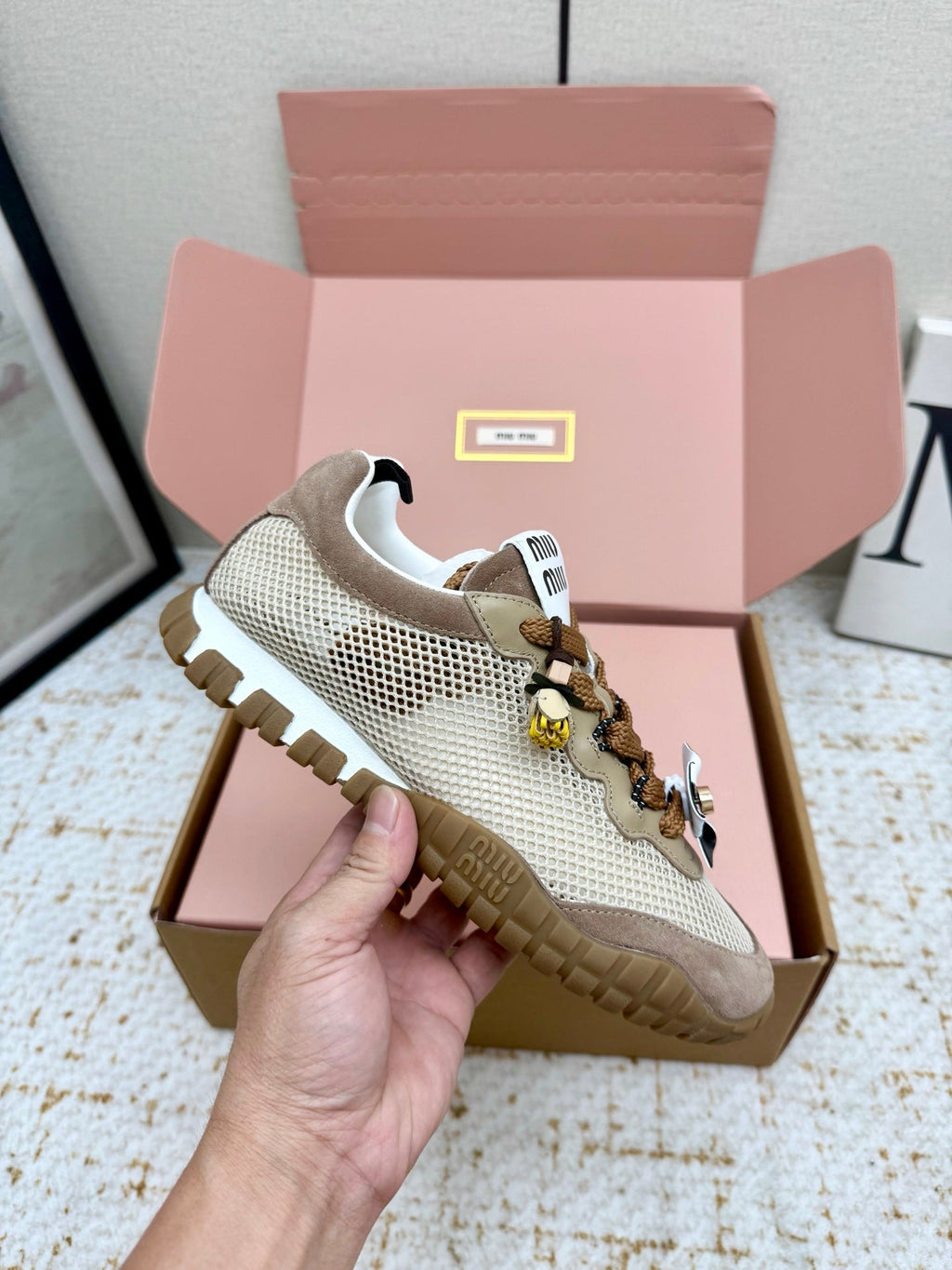 MIUMIU 26S CHARM SNEAKERS IN BROWN SUEDE AND WHITE MESH